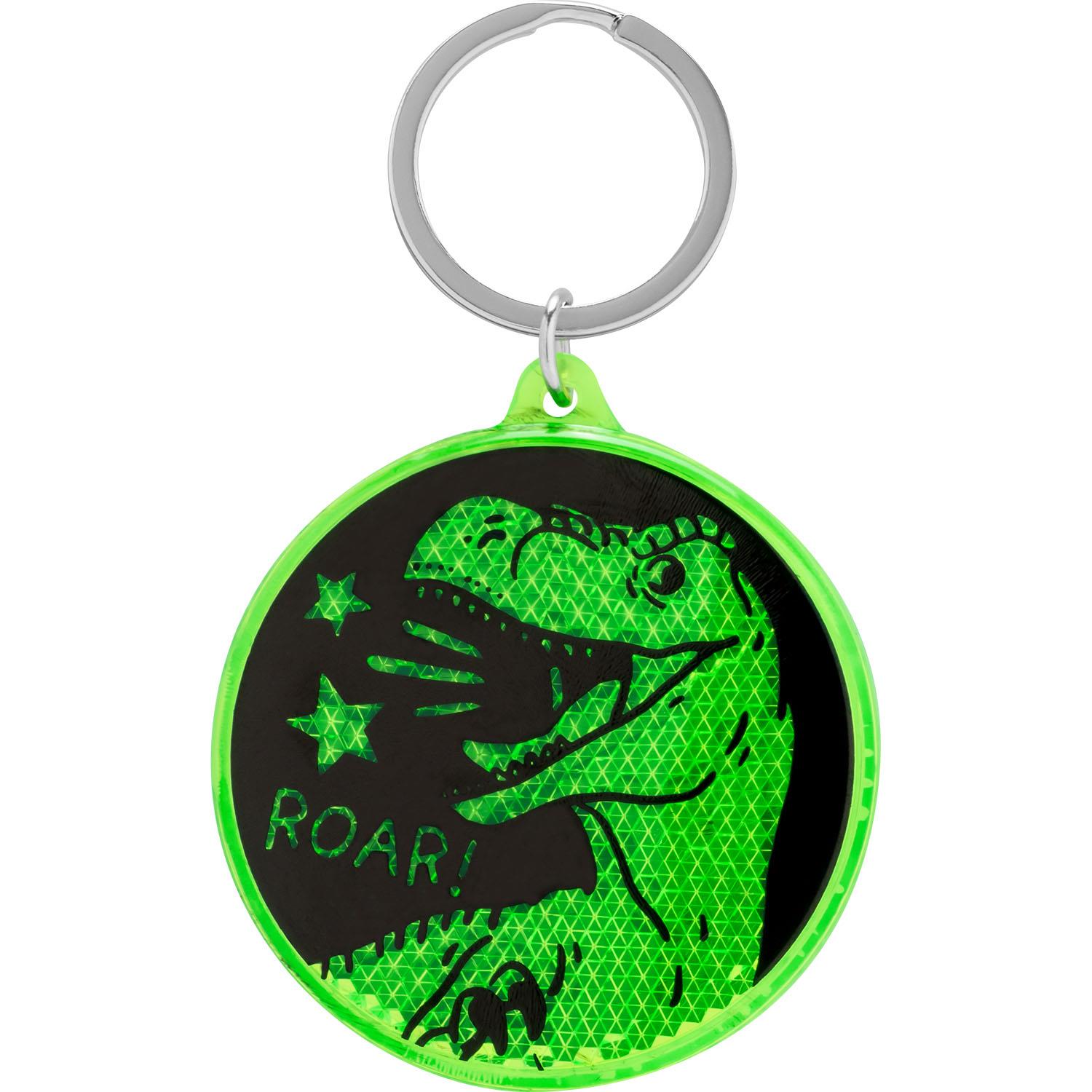 Leuchtender Dino-Reflektor aus Kunststoff mit Schlüsselring – grün, Dino-Motiv, gut sichtbar