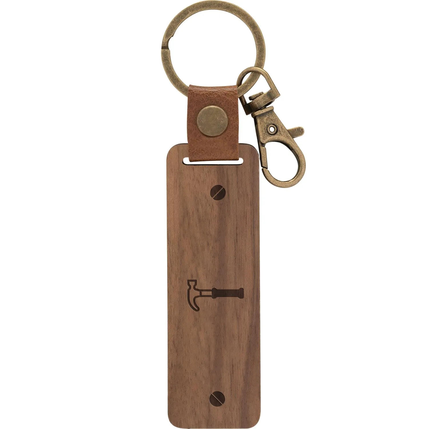 Walnussholz-Schlüsselanhänger mit Lederlasche und Messing-Details, Hammer-Motiv.