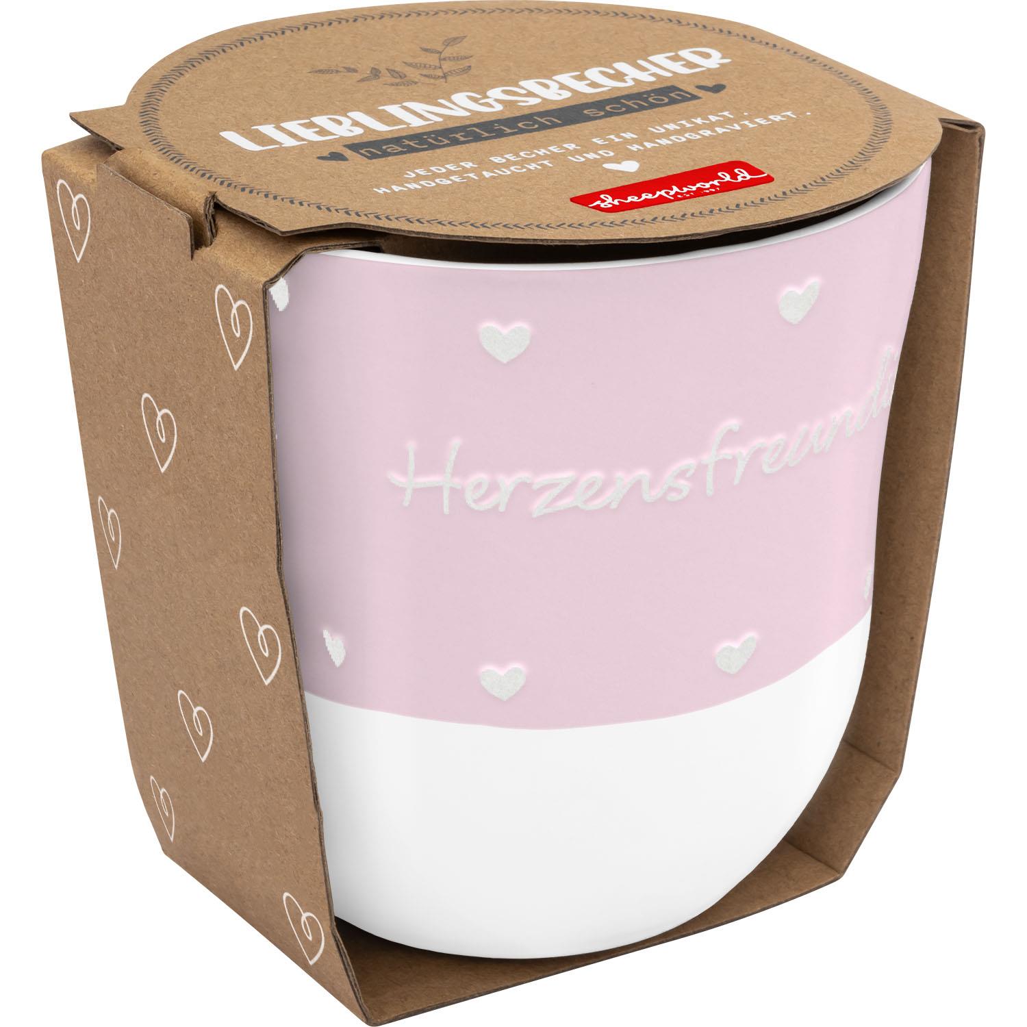 Pastellpink-weißer Steinzeug-Becher mit Schriftzug Herzensfreundin und Herzen