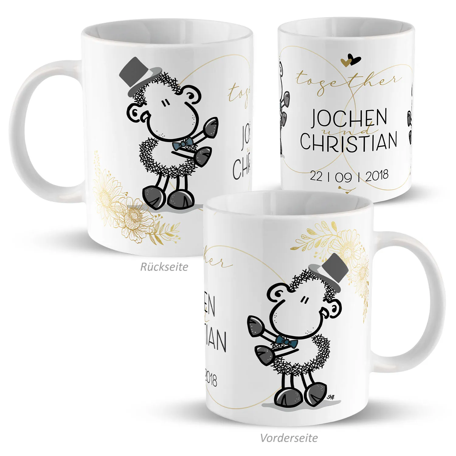 Weiße Porzellantasse mit Schäfchen-Motiv, Goldakzenten und personalisierbarer Namens-/Datumswahl