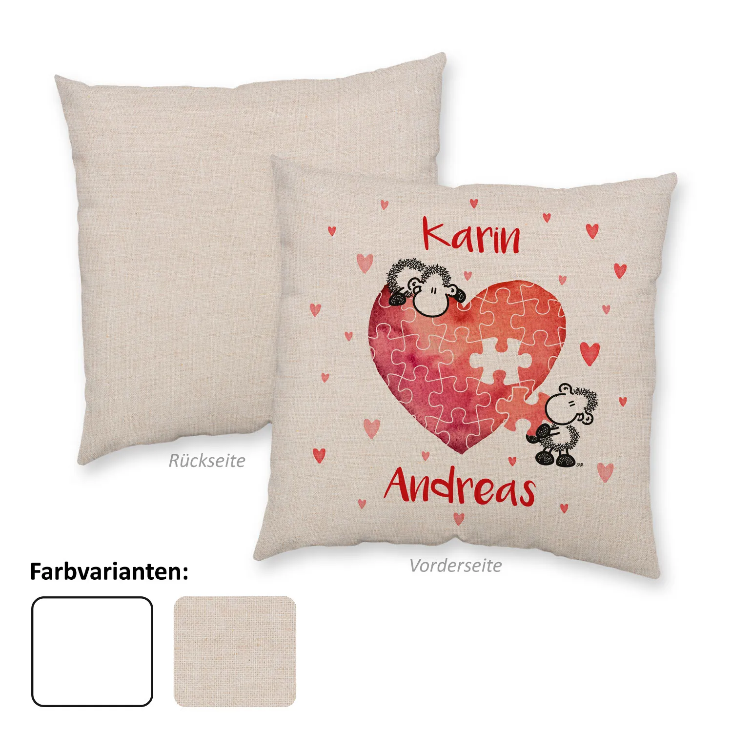 Personalisierbares Kuschelkissen mit Herz-Puzzle und Namensdruck, Canvas-Optik