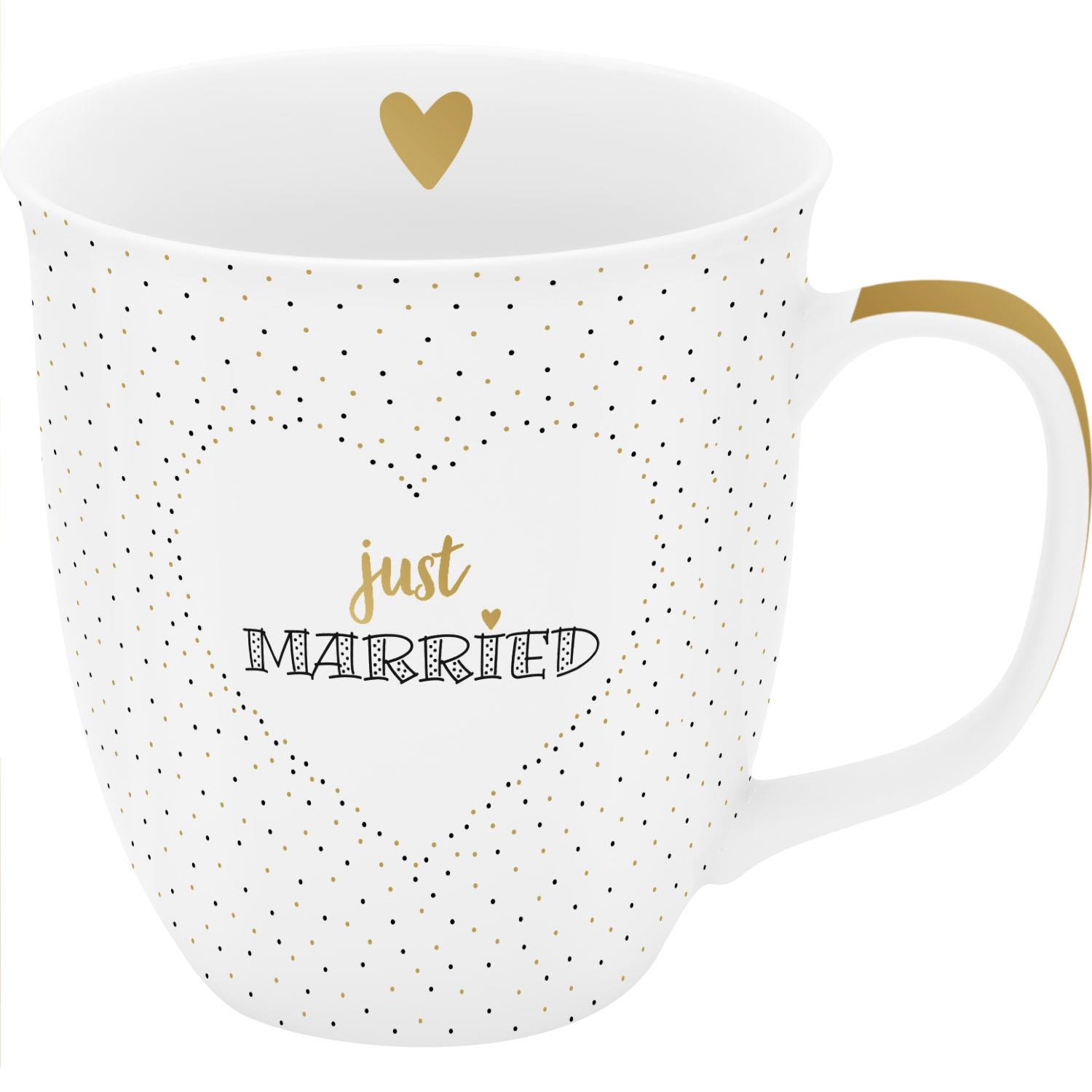 Weiße Porzellan-Tasse mit 'Just Married' Schriftzug, goldenen Akzenten und Punkten