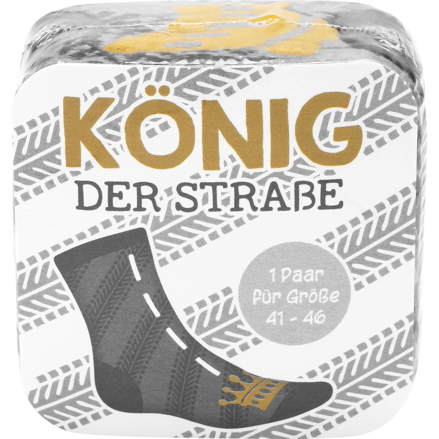 Zaubersocken König der Straße – Paar Socken mit Sneaker-Design in Verpackung.