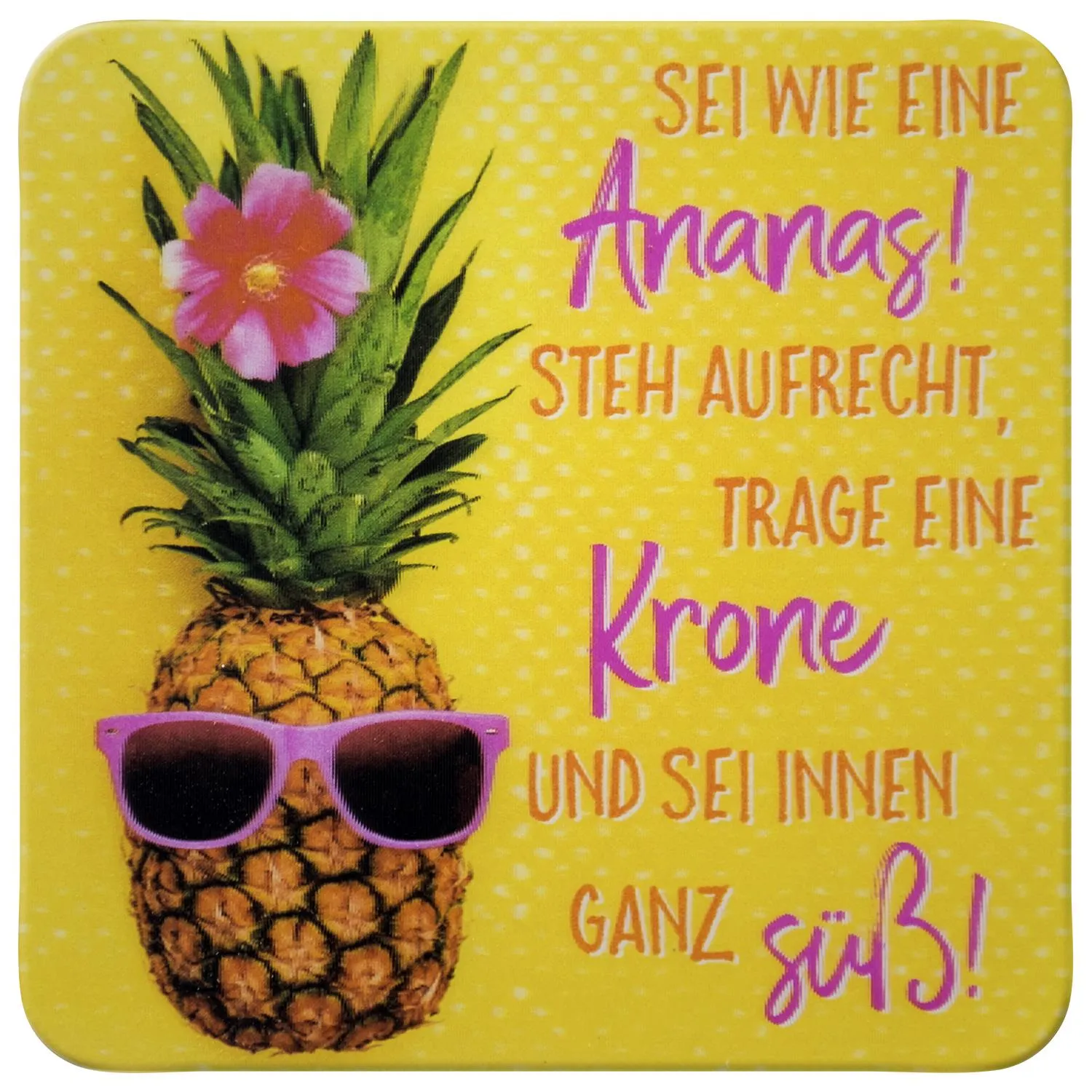 Gelber 3D-Untersetzer mit Ananas-Motiv und Sonnenbrille