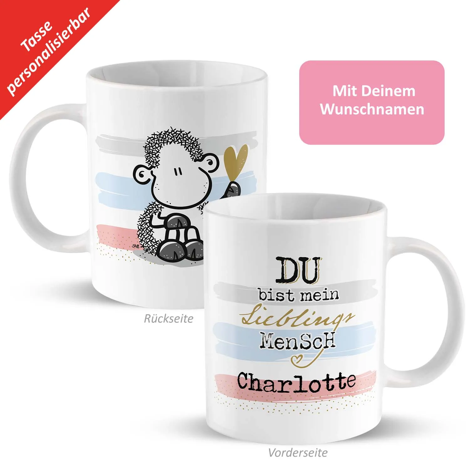 Personalisierbare Porzellan-Tasse mit Schaf-Motiv und Namensdruck Charlotte