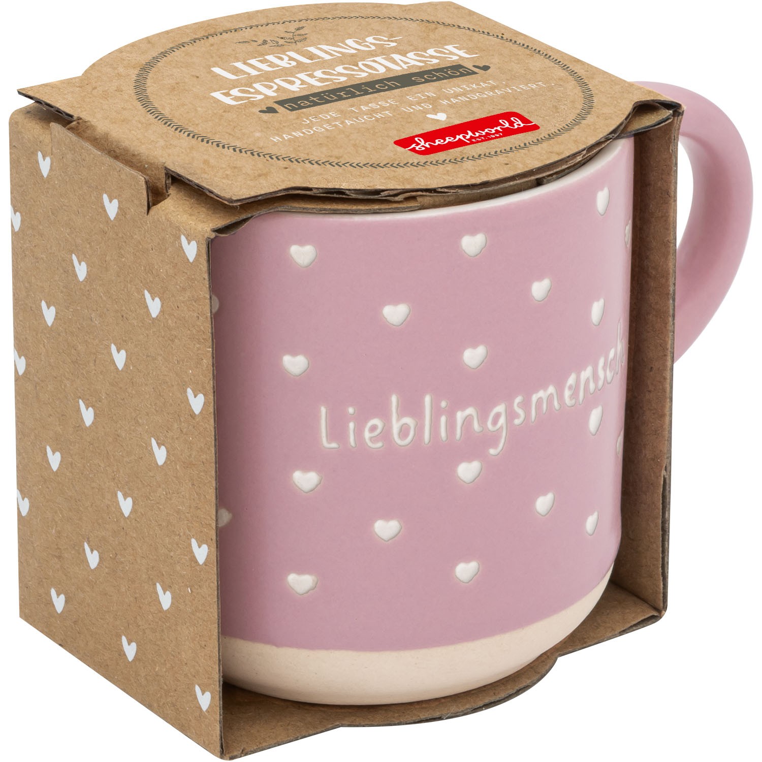 Rosa Espressotasse mit weißen Herzen und Schriftzug Lieblingsmensch