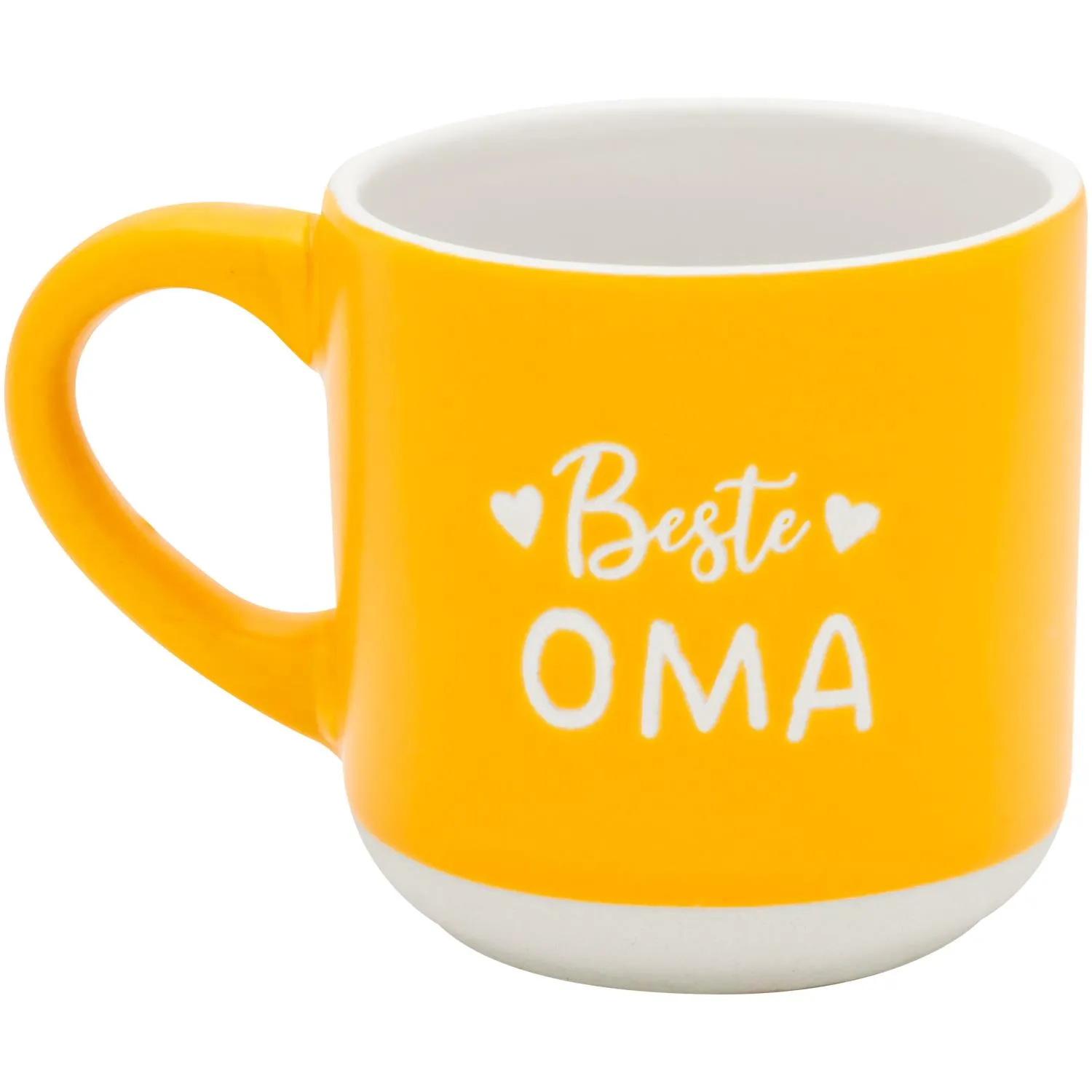 Gelbe Espressotasse mit weißem Innenraum und Schriftzug 'Beste Oma'.
