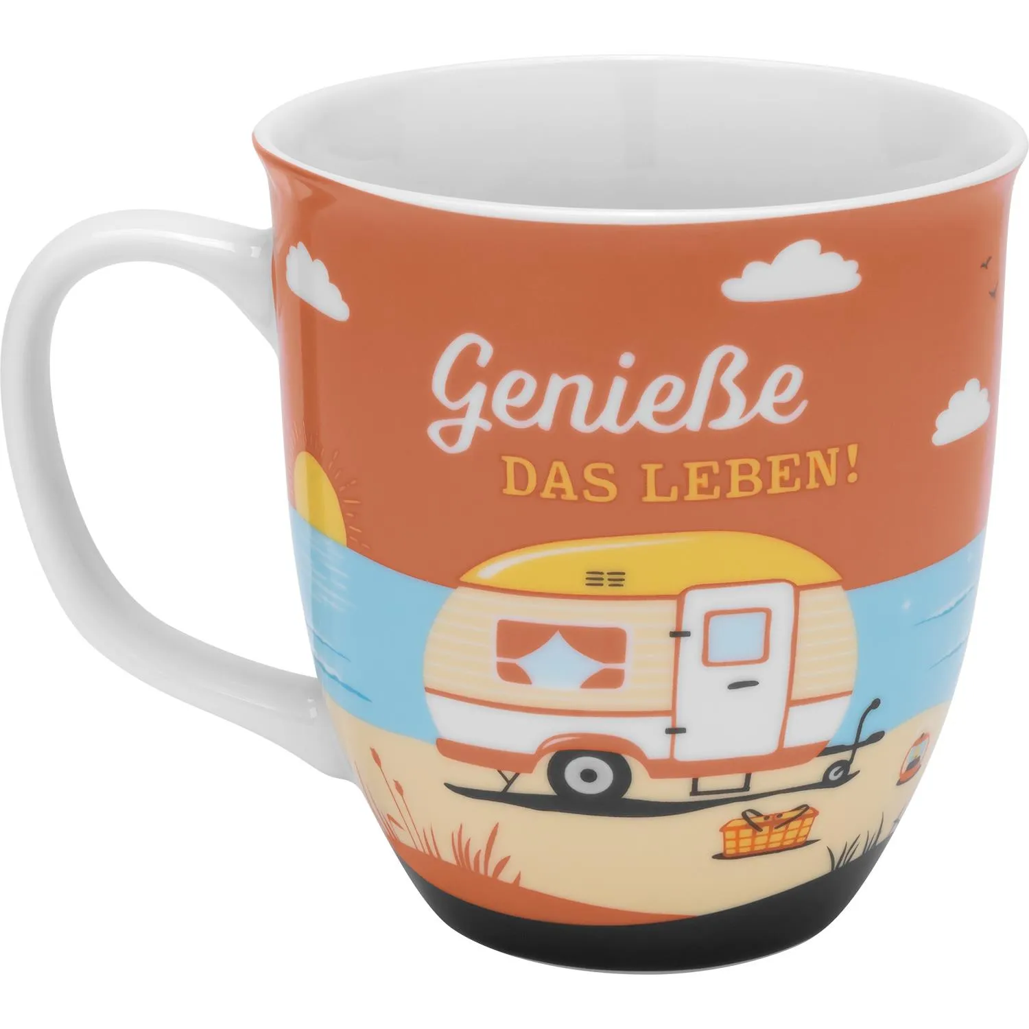 Tasse »Camping Meer« mit Caravan am Strand, orangefarbener Hintergrund