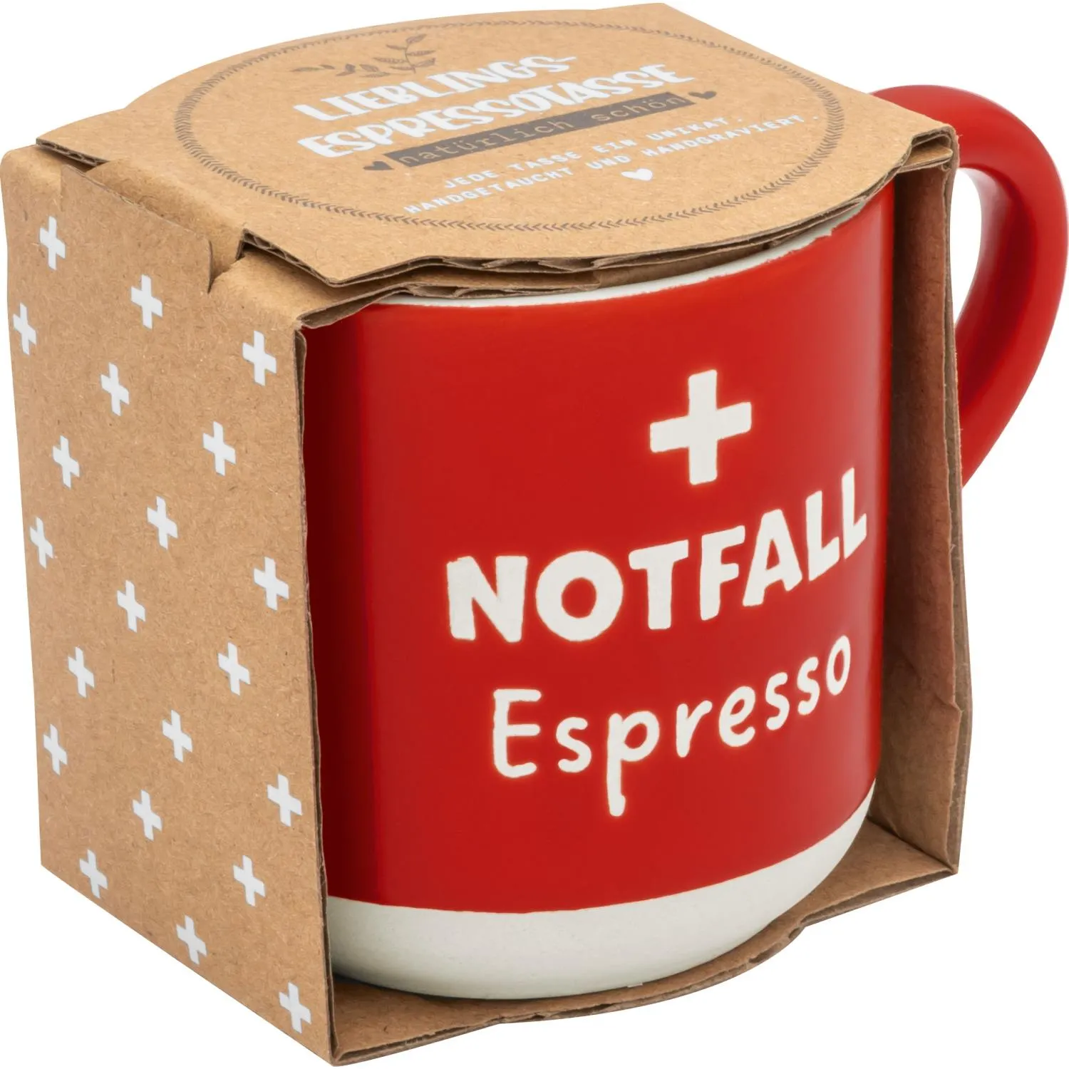 Rote Espressotasse mit Notfall-Espresso-Aufdruck.
