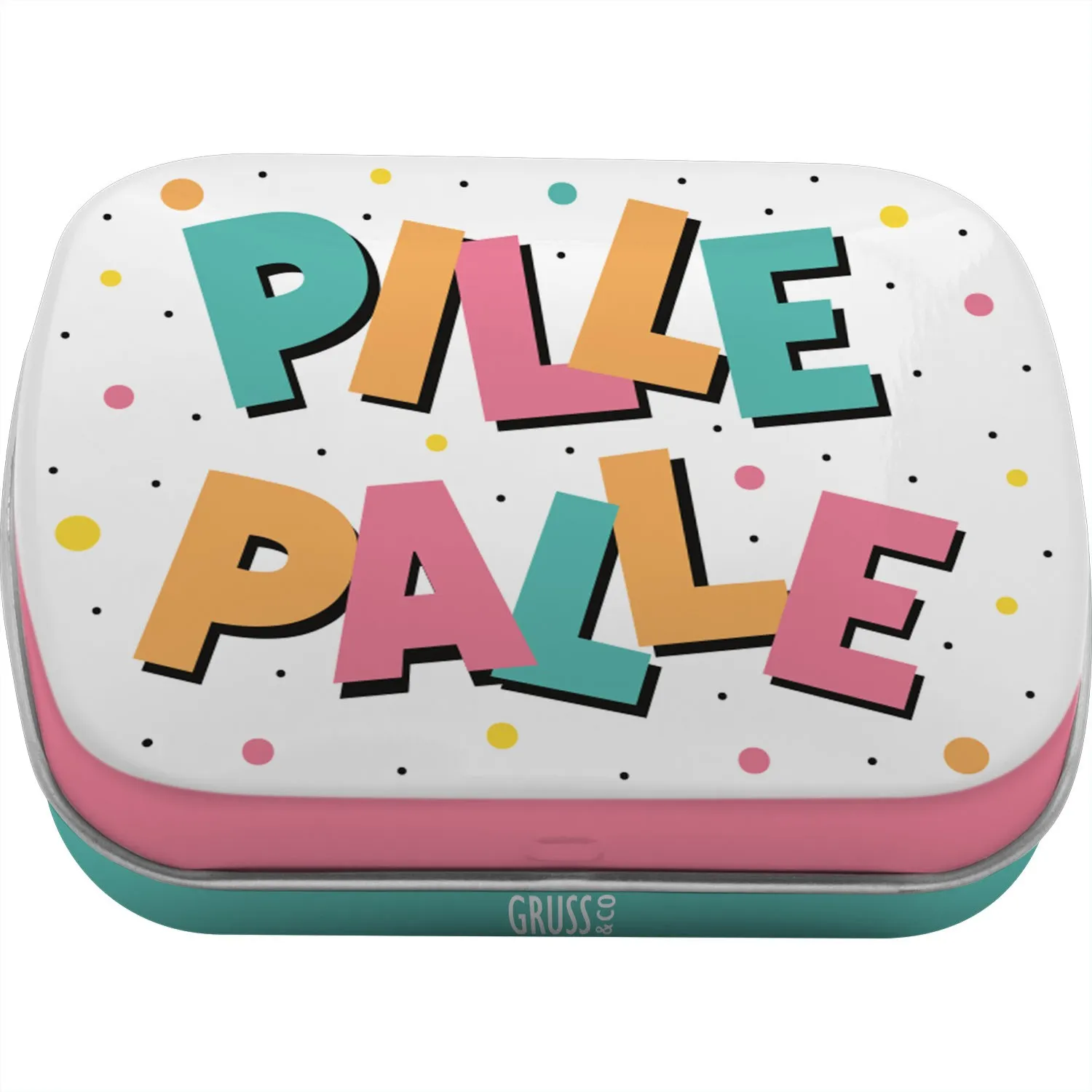 Mintdose mit buntem PILLE PALLE-Schriftzug auf weißem Deckel