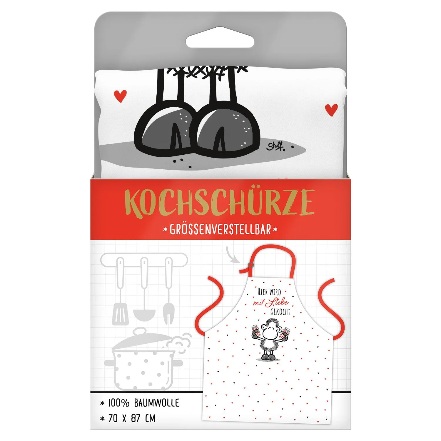 Weiße Baumwoll-Schürze mit Schäfchen-Motiv und rotem 'Hier wird mit Liebe gekocht' Druck