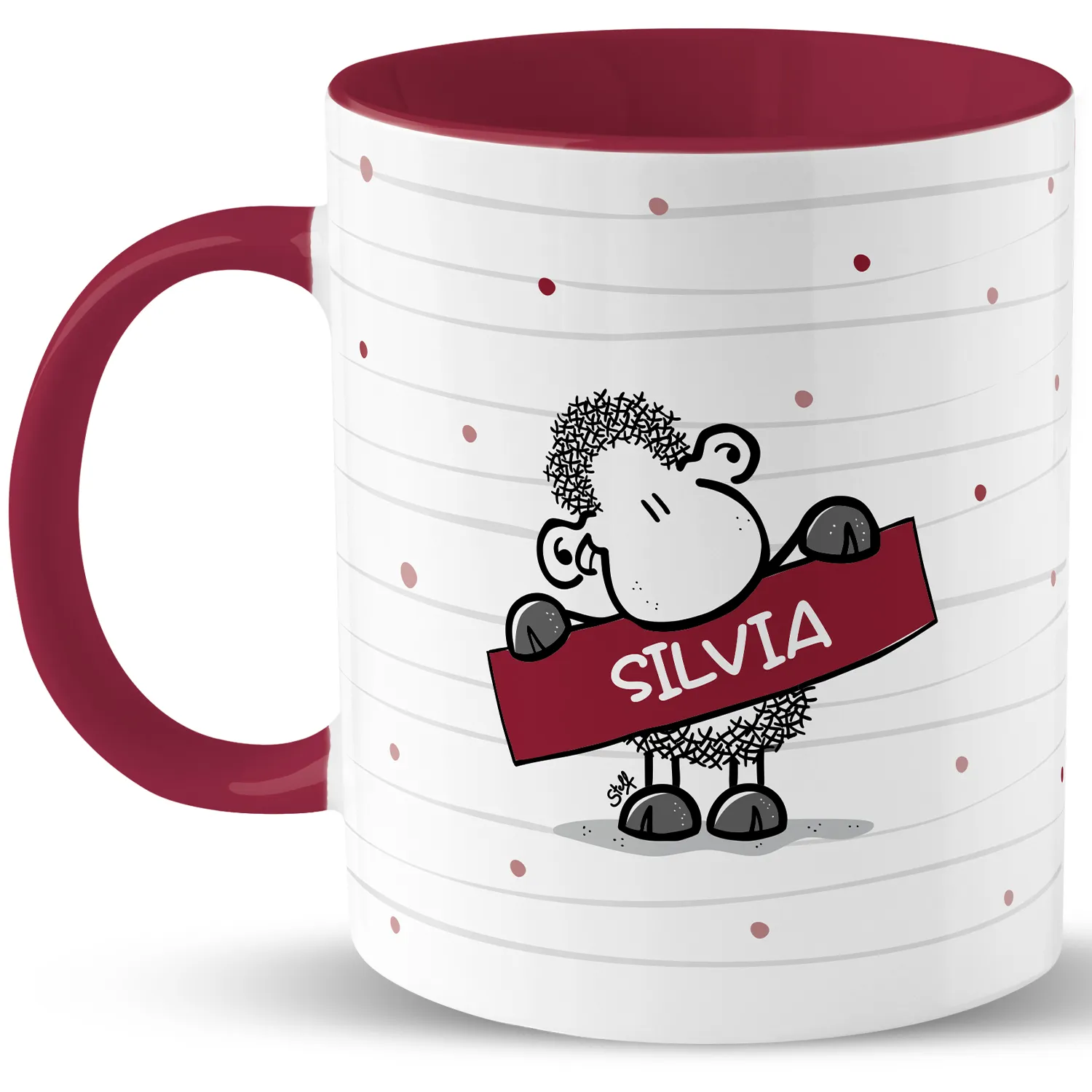 Personalisierte Porzellan-Tasse mit Schaf-Motiv und Namensband in burgunderrot
