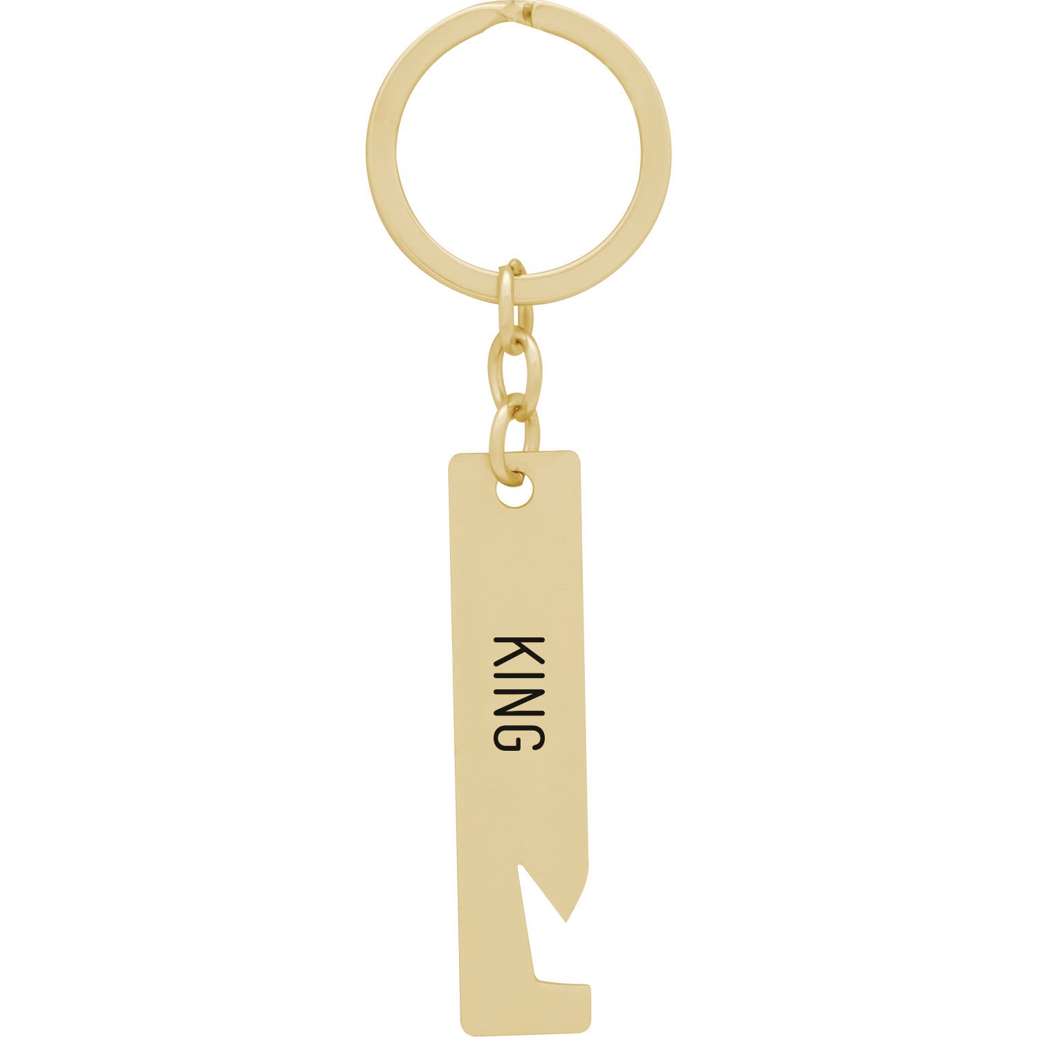 Goldener KING-Schlüsselanhänger aus Edelstahl mit Kronenausstanzung am Schlüsselring.
