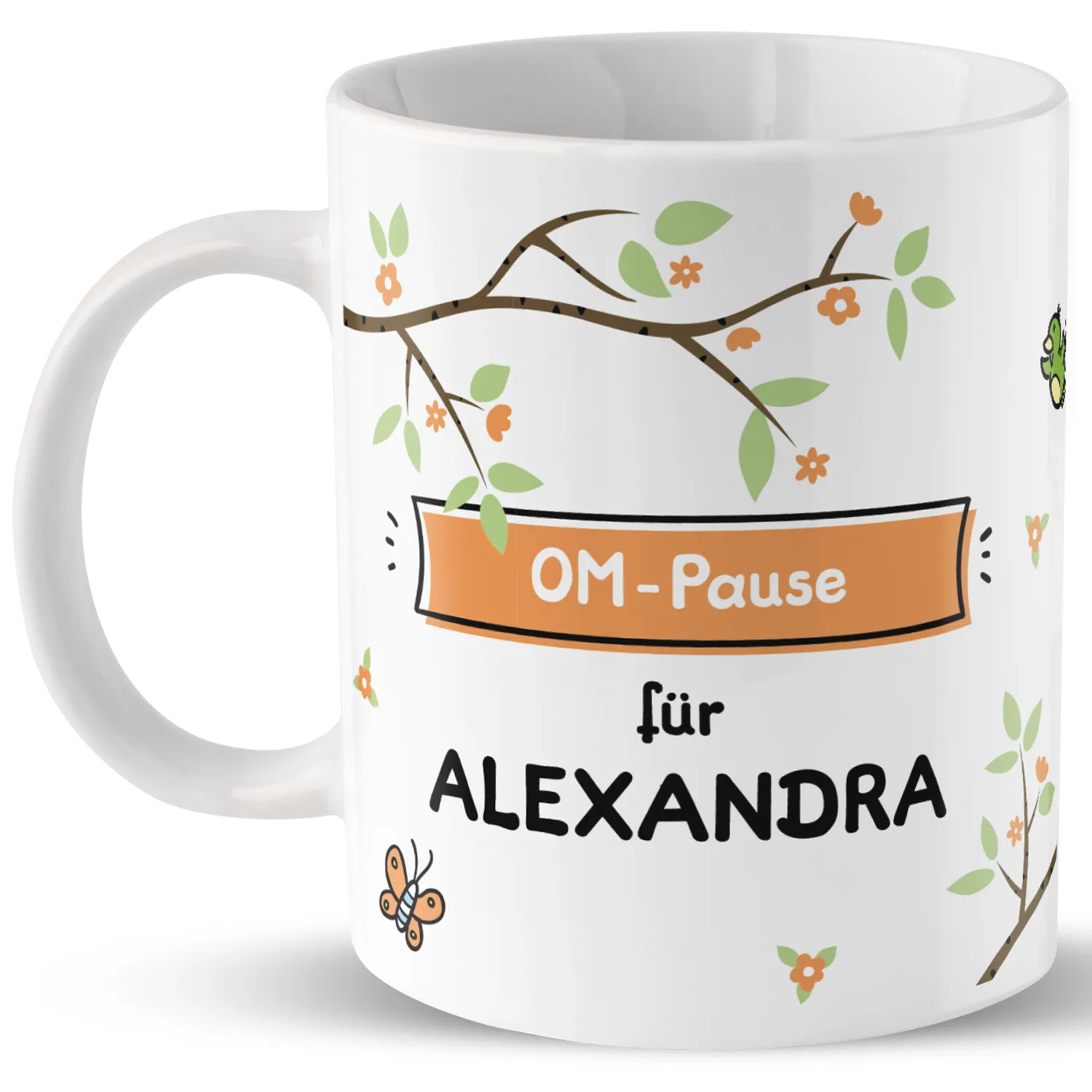 Weiße Porzellan-Tasse mit personalisiertem Namen Alexandra und OM-Pause