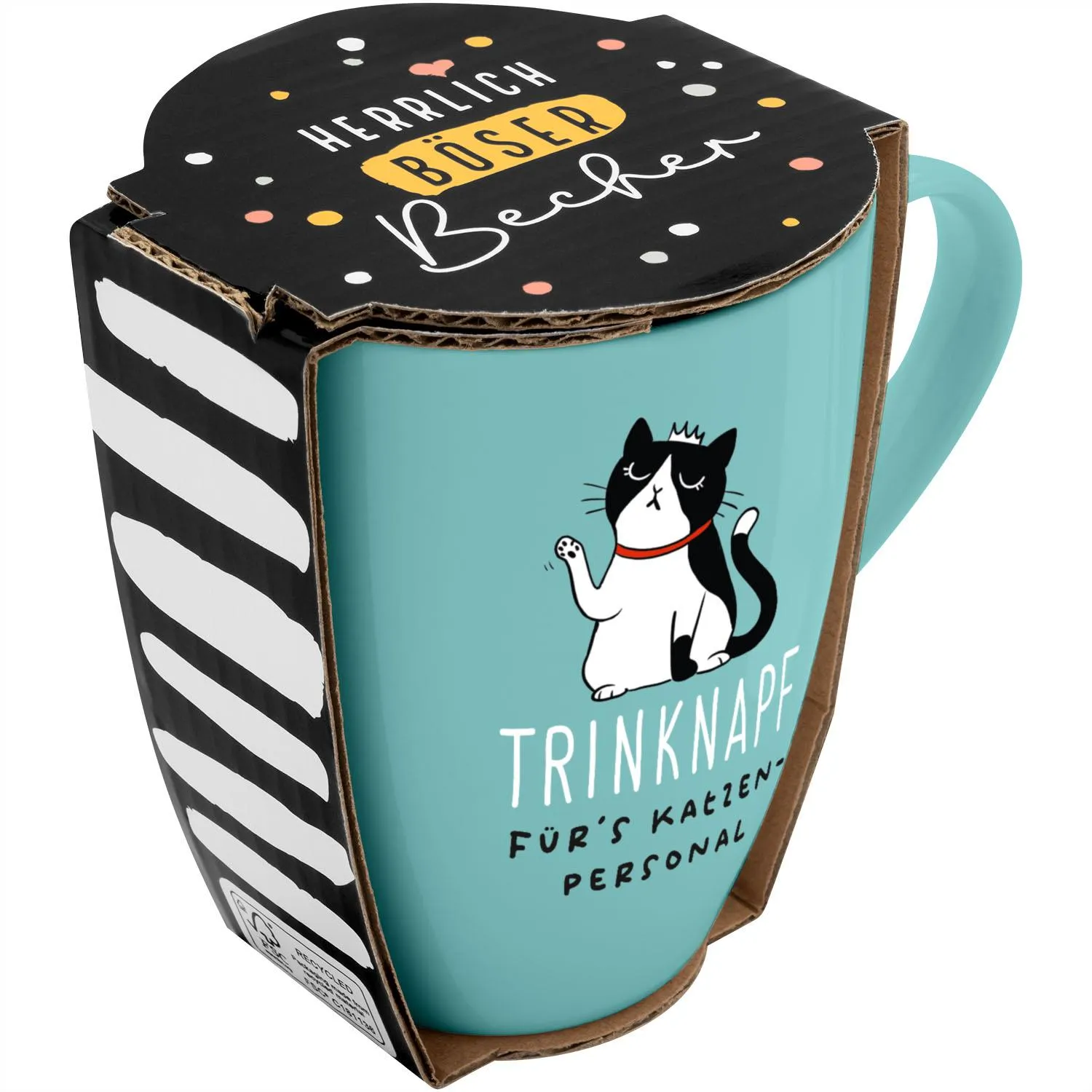 Türkisfarbene Keramik-Tasse mit Katzenmotiv und Spruch Trinknapf fürs Katzenpersonal in Geschenkbox.