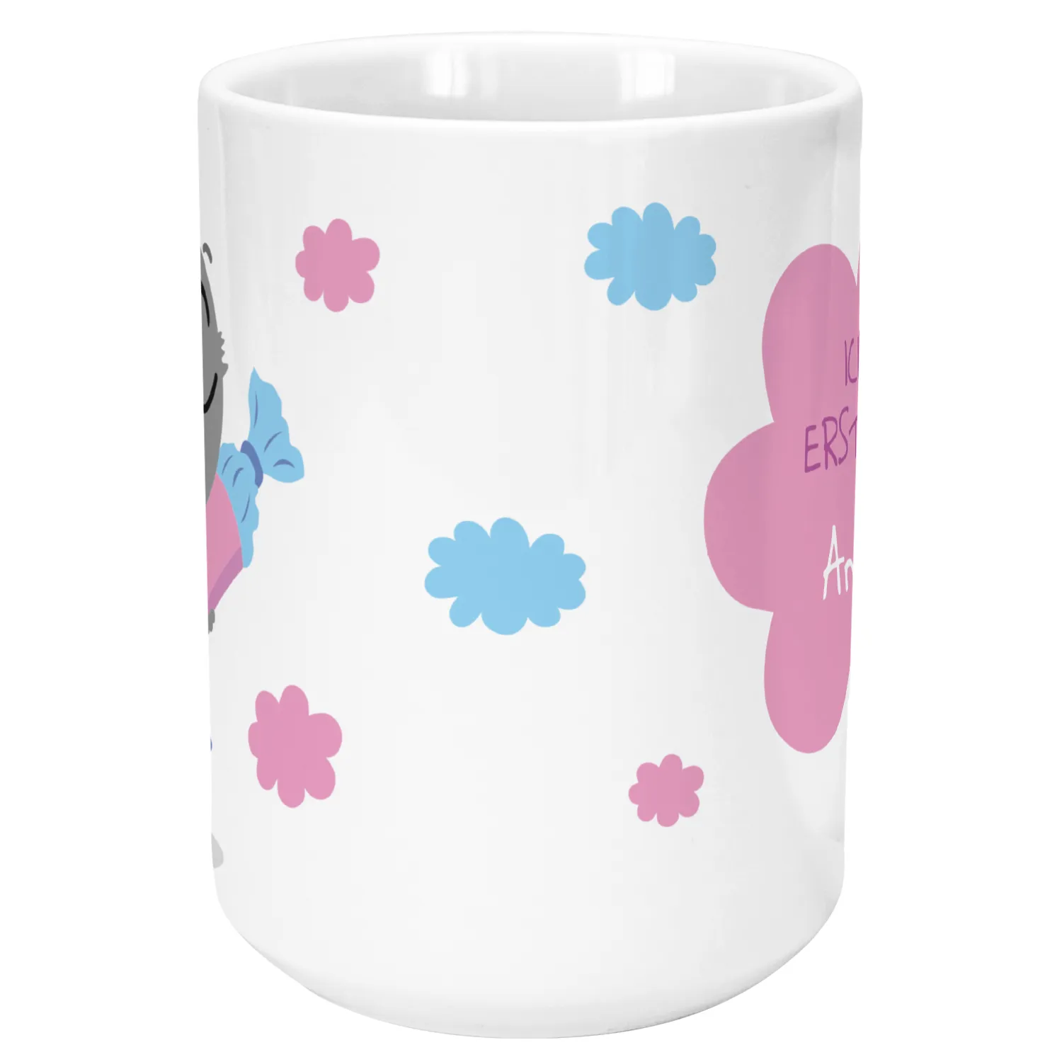 Weiße Keramik-Tasse mit pastellfarbenem Blumenmuster