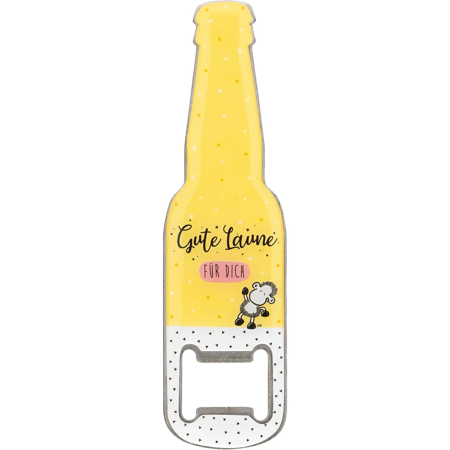 Gelber Flaschenöffner in Flaschenform mit Schäfchen-Motiv und Gute-Laune-Text, magnetische Rückseite