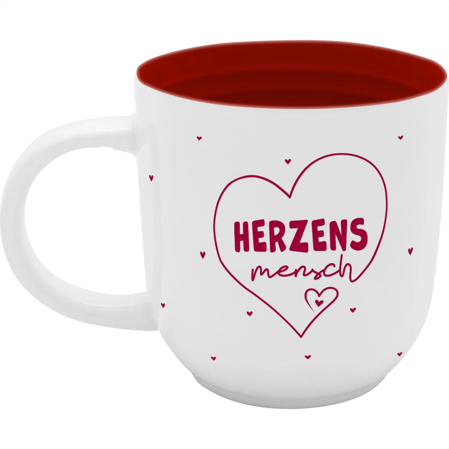 Weiße Porzellan-Tasse 'Herzen' mit rotem Innenraum und Herz-Motiv