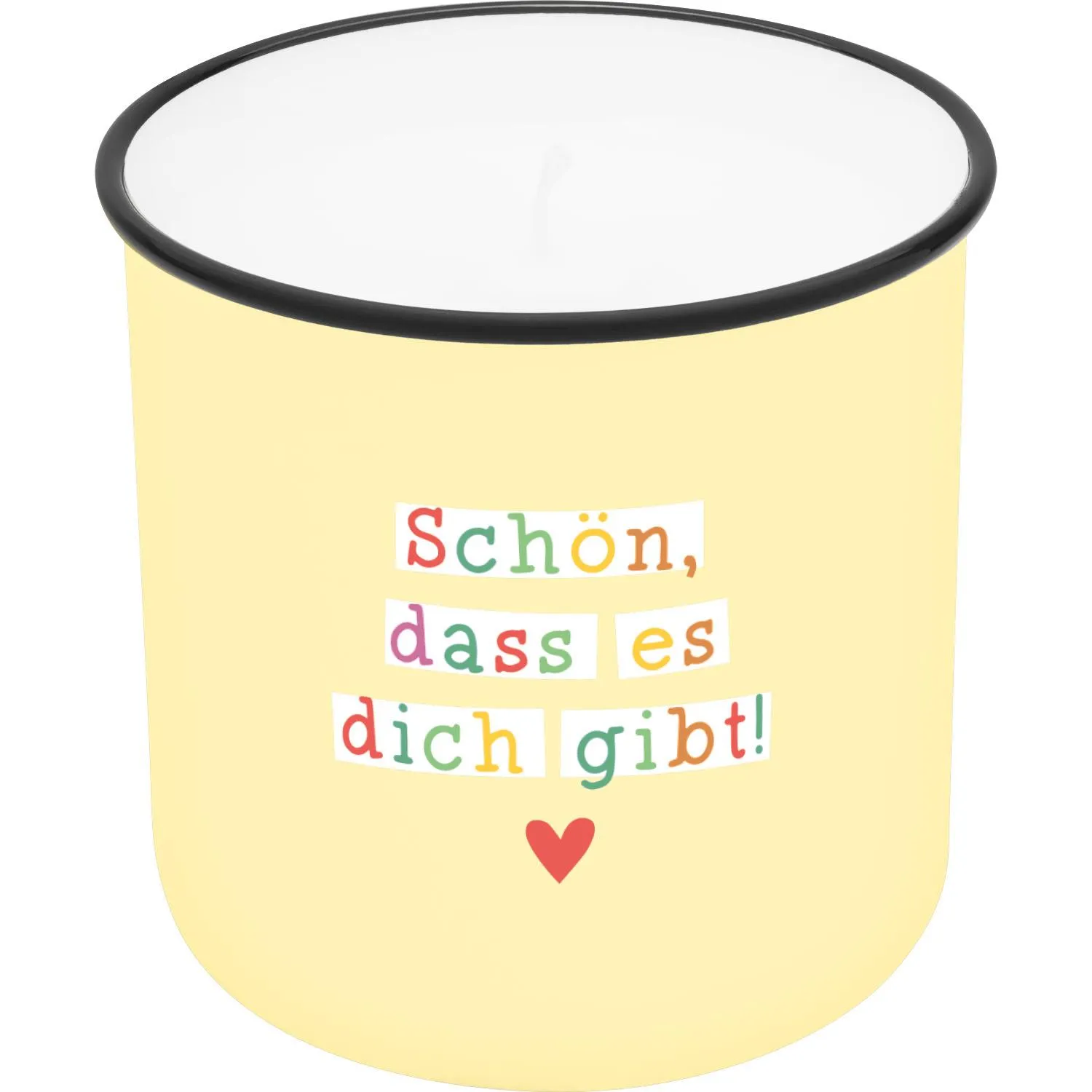 Kerzen-Becher in Pastellgelb mit buntem Schriftzug und Herz.