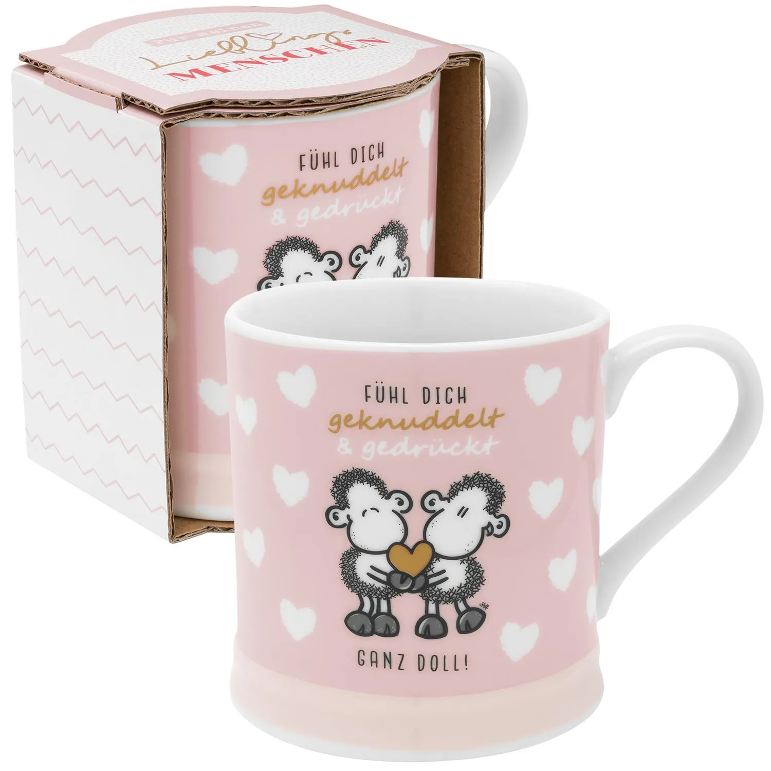 Rosa Porzellan-Tasse mit zwei Schafen, Herzmotiv und Spruch Fühl Dich geknuddelt & gedrückt.