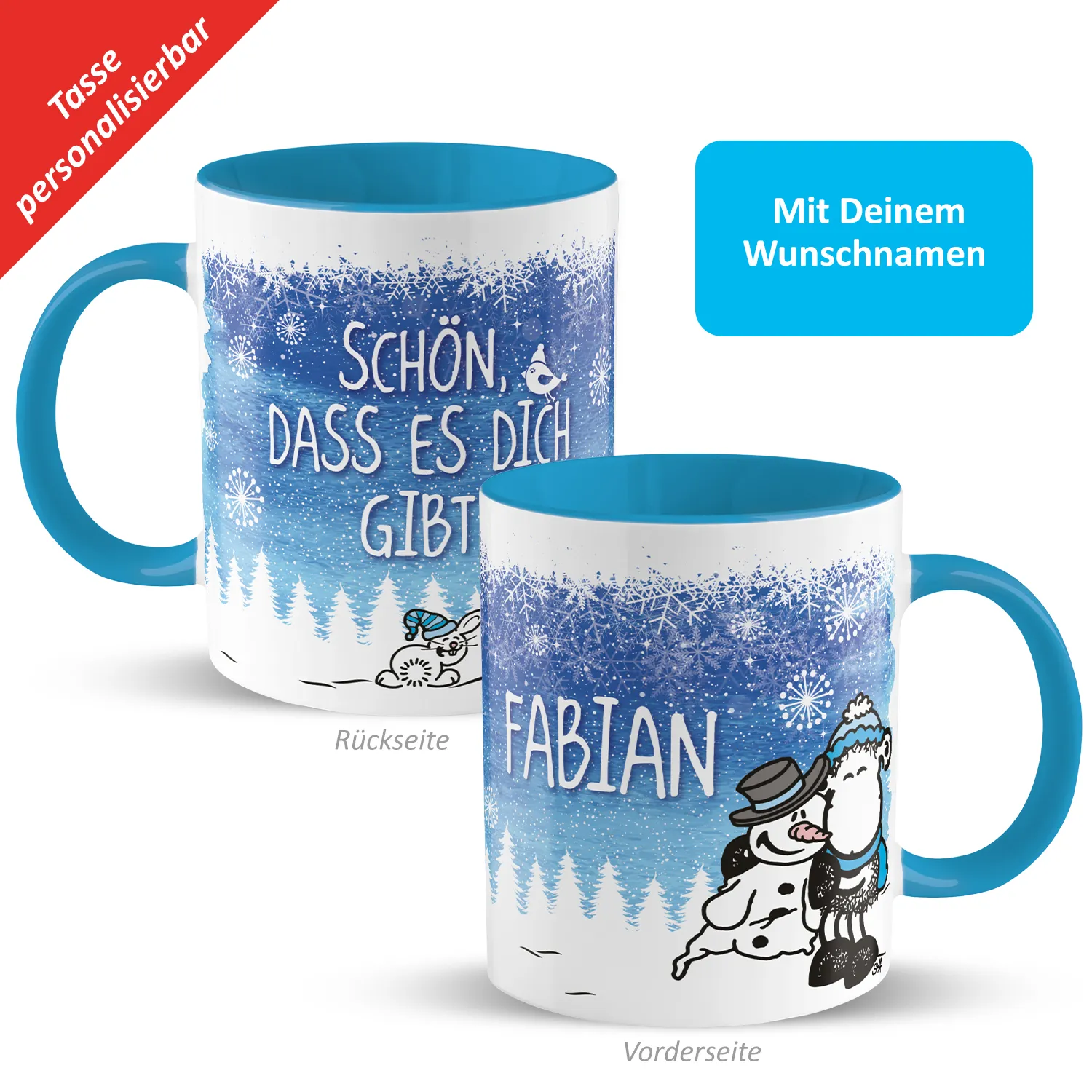 Personalisierte Porzellan-Tasse im blauem Winterdesign mit Namenszug Fabian.