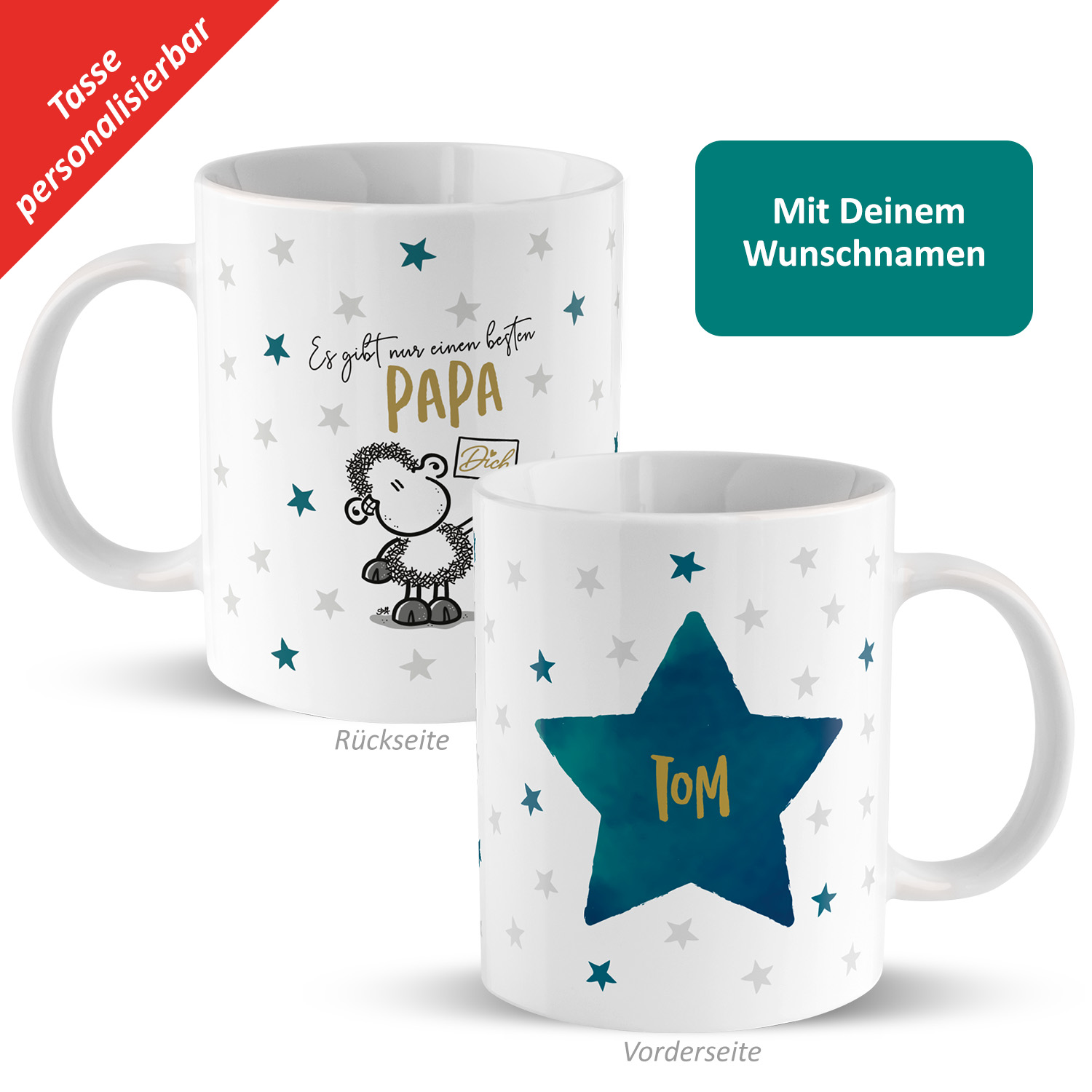 Weiße Porzellan-Tasse mit blauem Stern, Namenszug 'Tom' und Schaf-Motiv