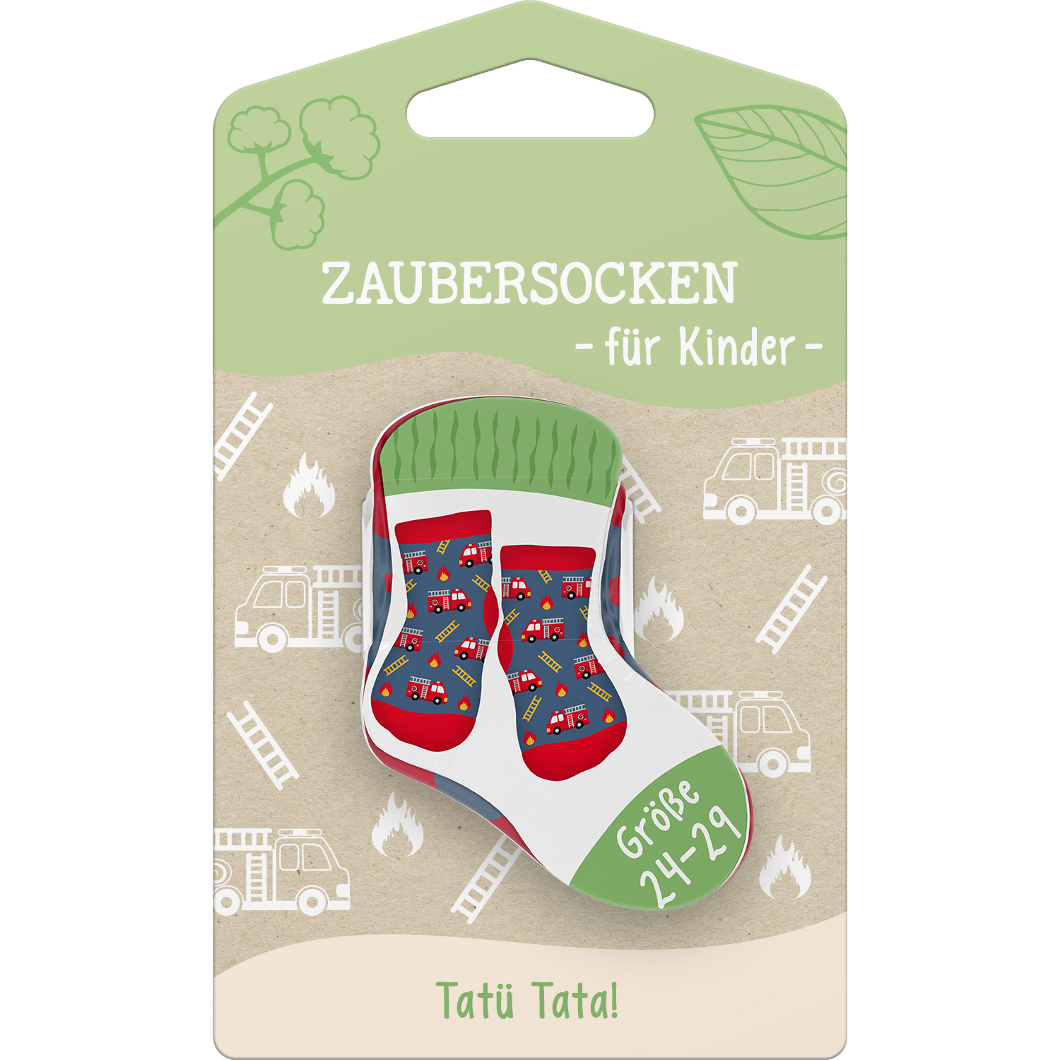 Kleinkind-Zaubersocken Feuerwehr in Verpackung mit Feuerwehrautos