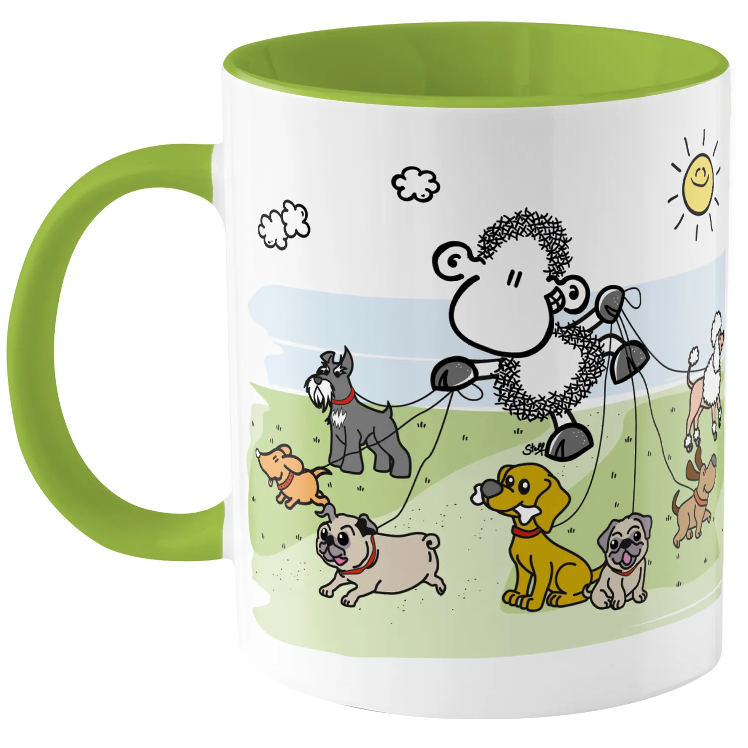 Weiße Porzellan-Tasse mit grünem Innenraum und Schaf-/Hundemotiv