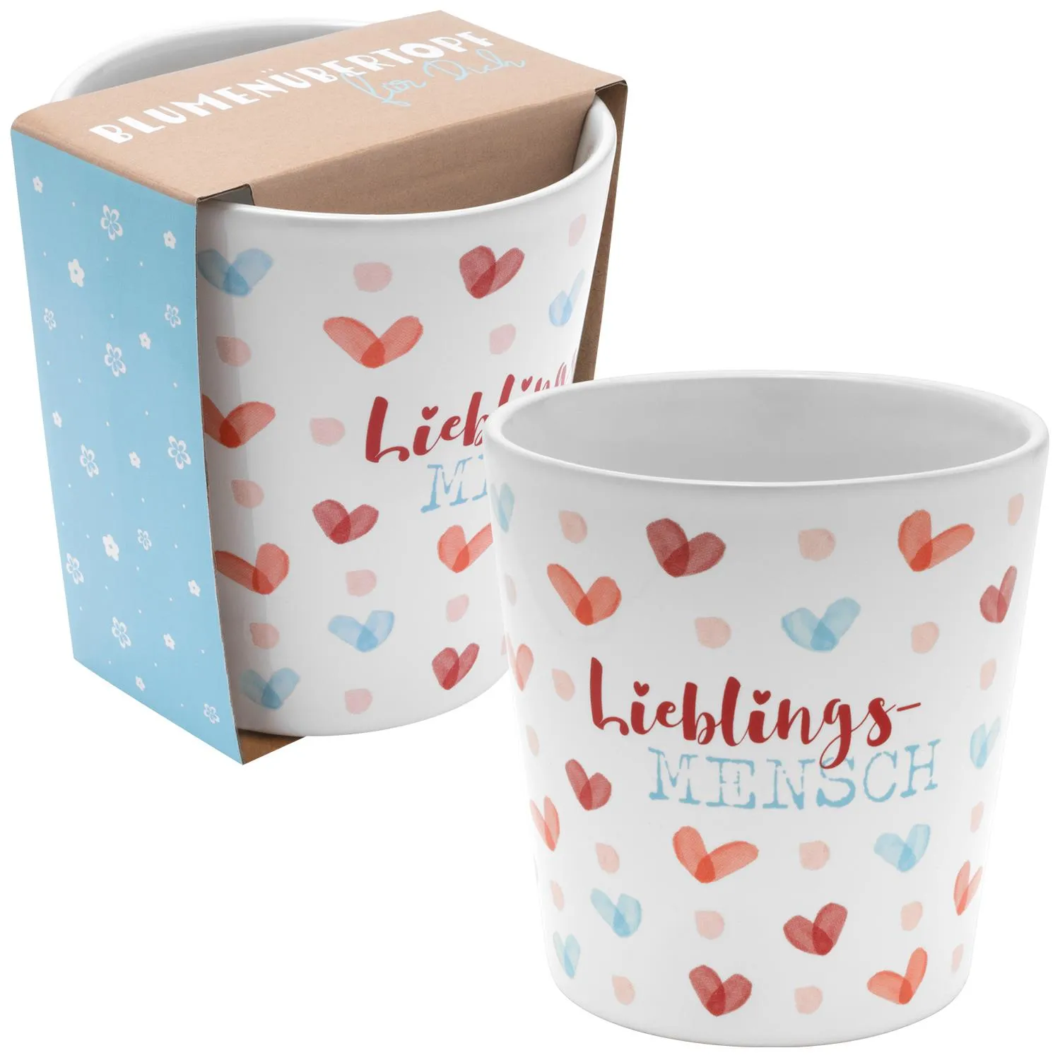 Weiße Keramiktasse mit Herzmotiven und dem Schriftzug 'Lieblingsmensch'