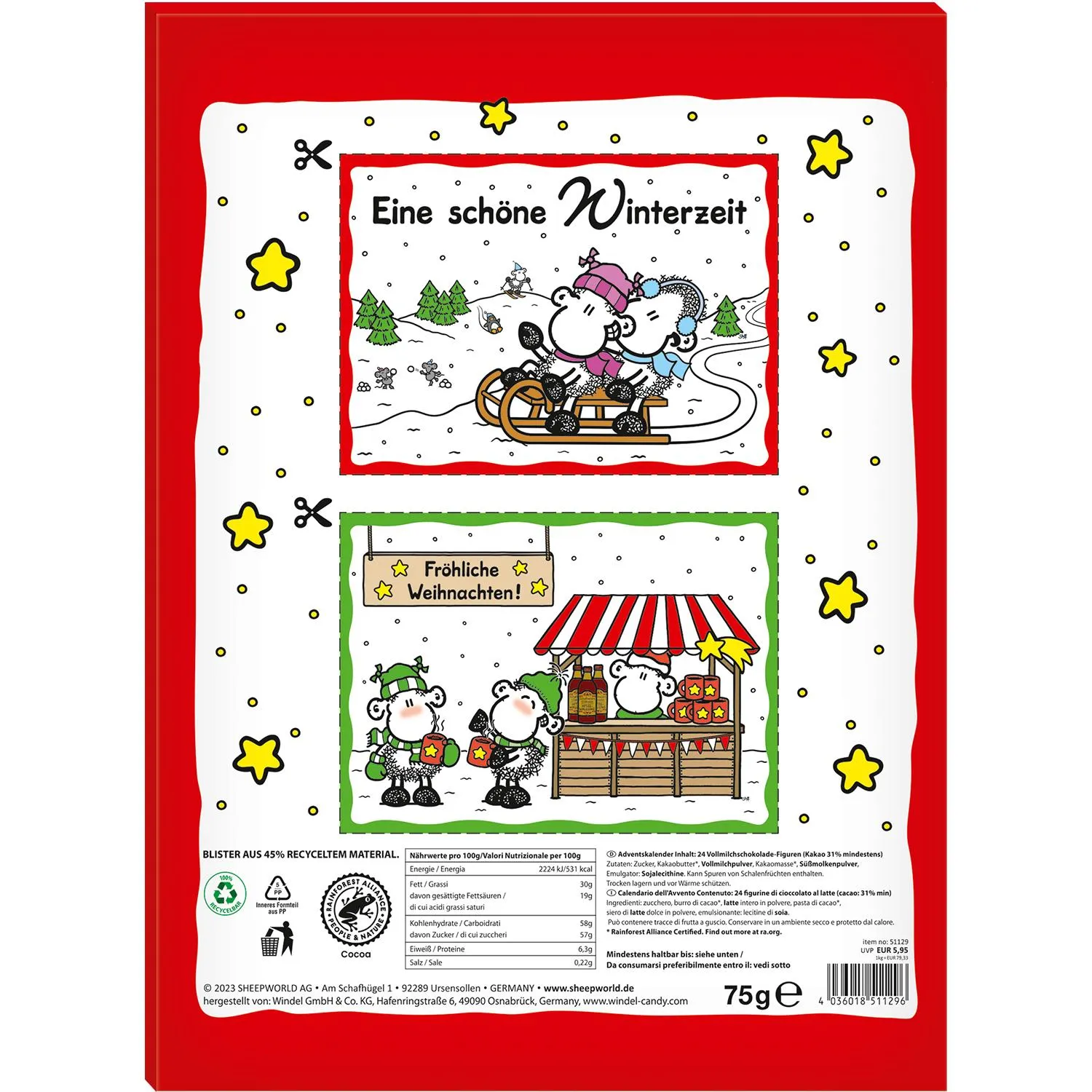 Adventskalender mit Schäfchen-Motiven in rotem Design; 75 g Inhalt, zwei Postkartenmotive.