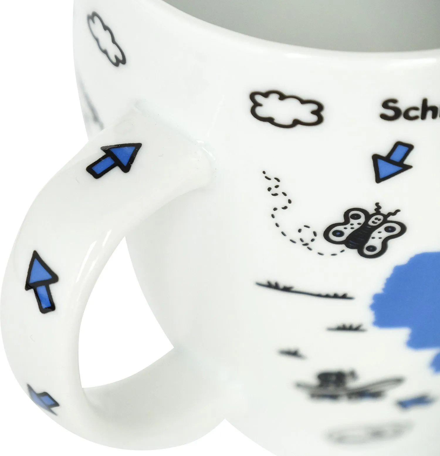 Weiße Porzellankaffeetasse mit Schaf-Motiv und Spruch Ohne Bruder ist alles doof in Blau.