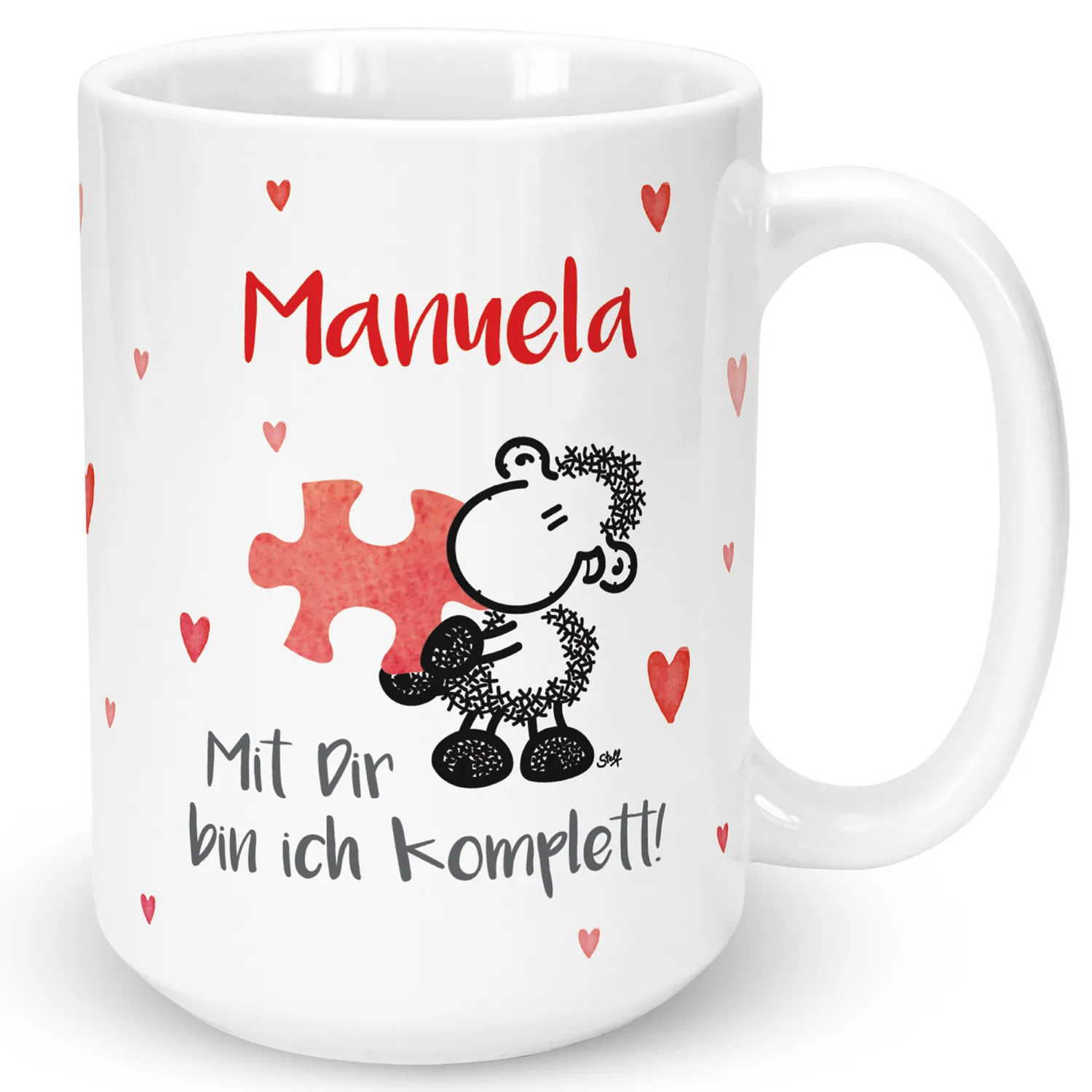 Personalisierte XL-Tasse mit Namen Manuela, Schaf-Motiv und Puzzleteil