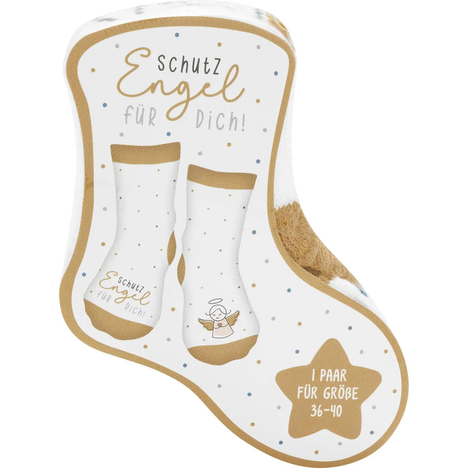 Zaubersocken »Engel« – weiße Socken mit Schutzengel-Motiv, goldene Akzente, blaue Punkte, Größe 36–40