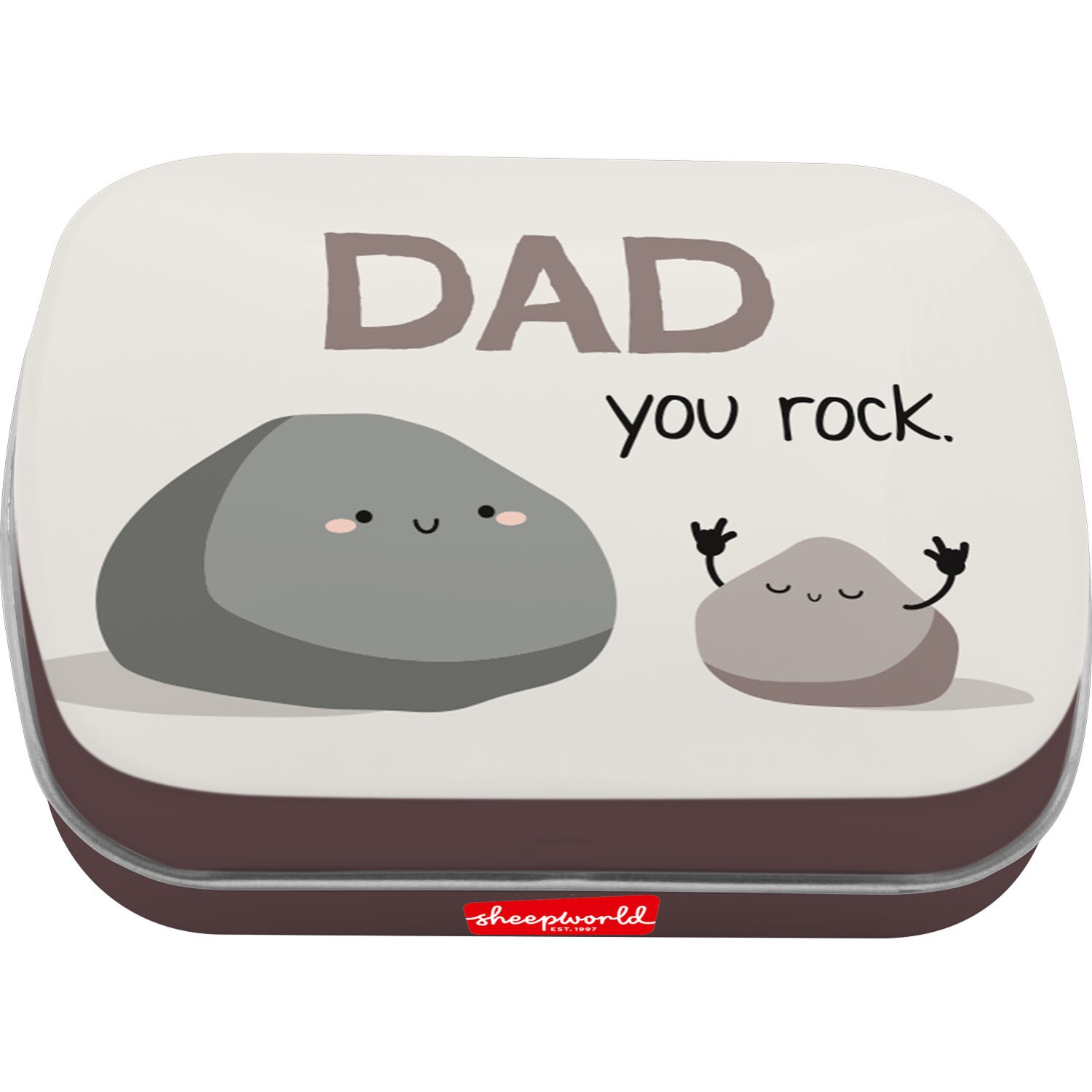 Mintdose »Dad you rock.« mit Spruch und zwei grauen Stein-Charakteren, Sheepworld-Logo unten.