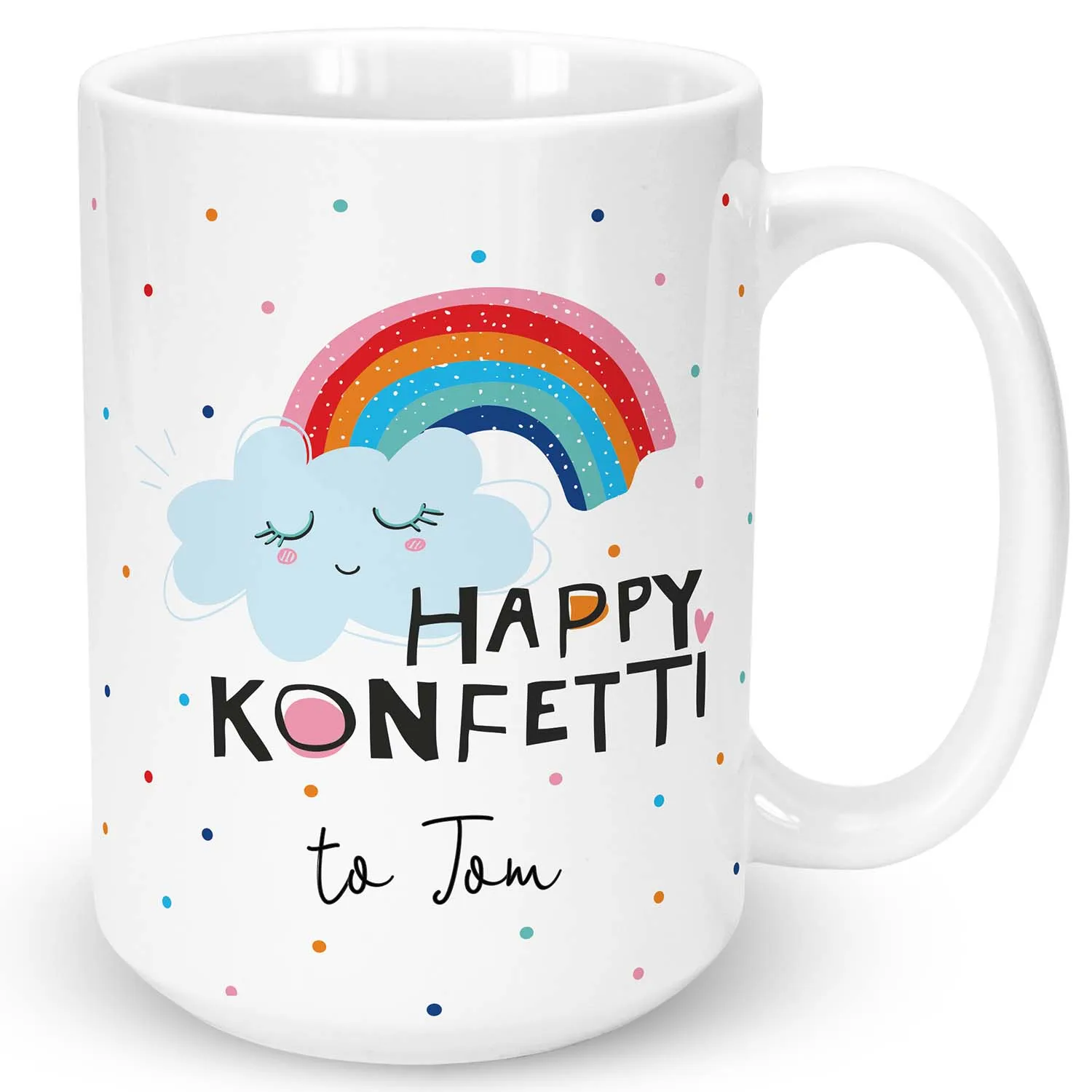Weiße Keramik-Tasse mit Regenbogen und Wolke – personalisierbar mit Namen (427 ml)