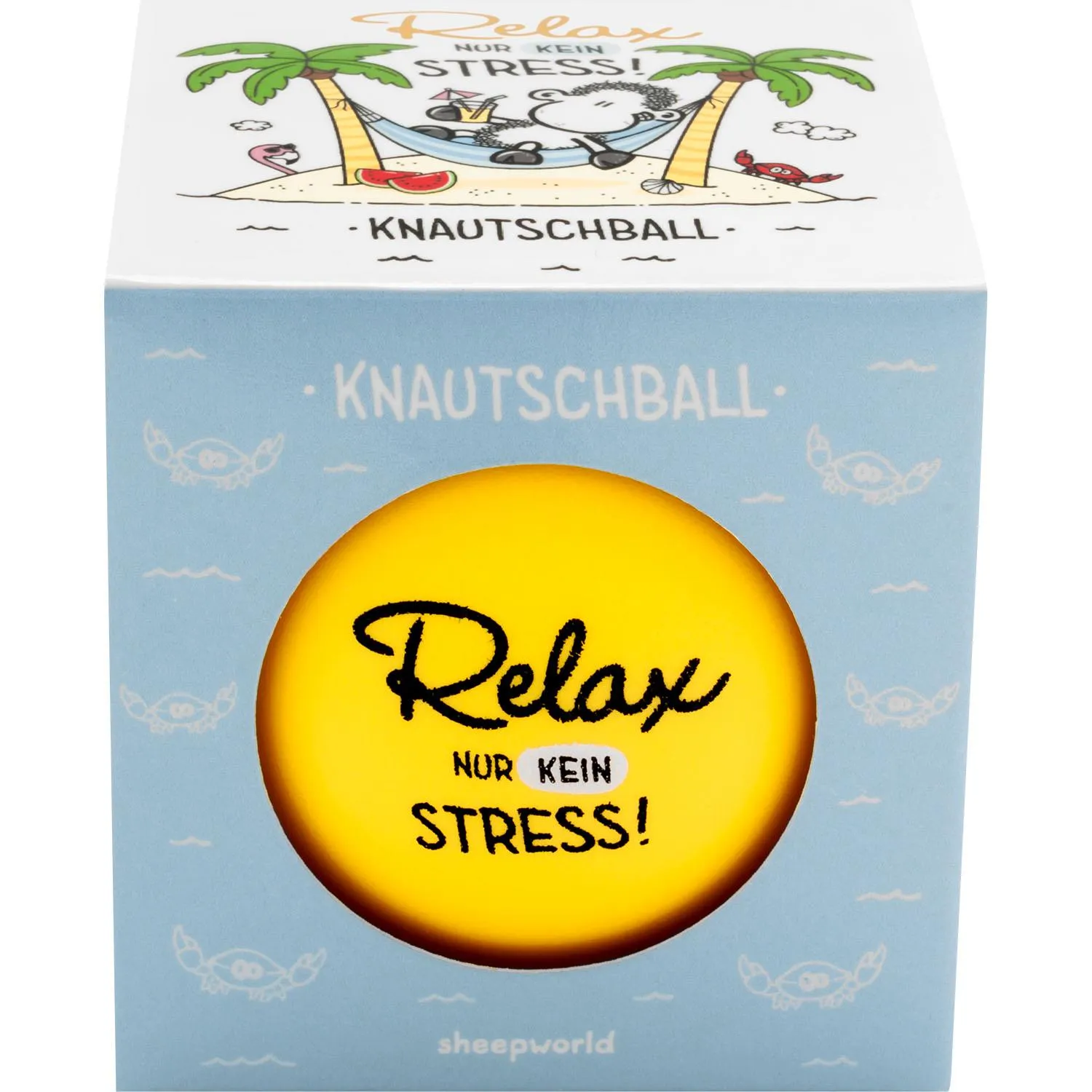 Gelber Knautschball Relax in Geschenkverpackung auf blauer Box