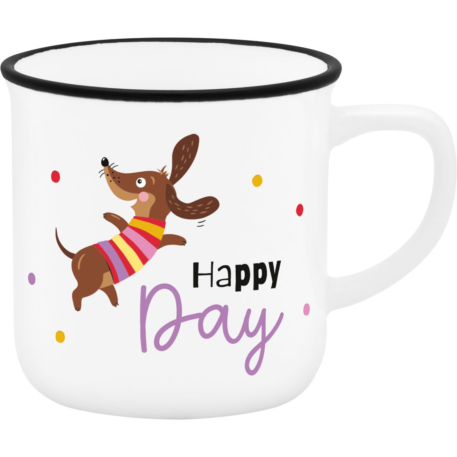 Weiße Porzellan-Tasse mit braunem Dackel, buntem Schal, Konfetti und Schriftzug Happy Day