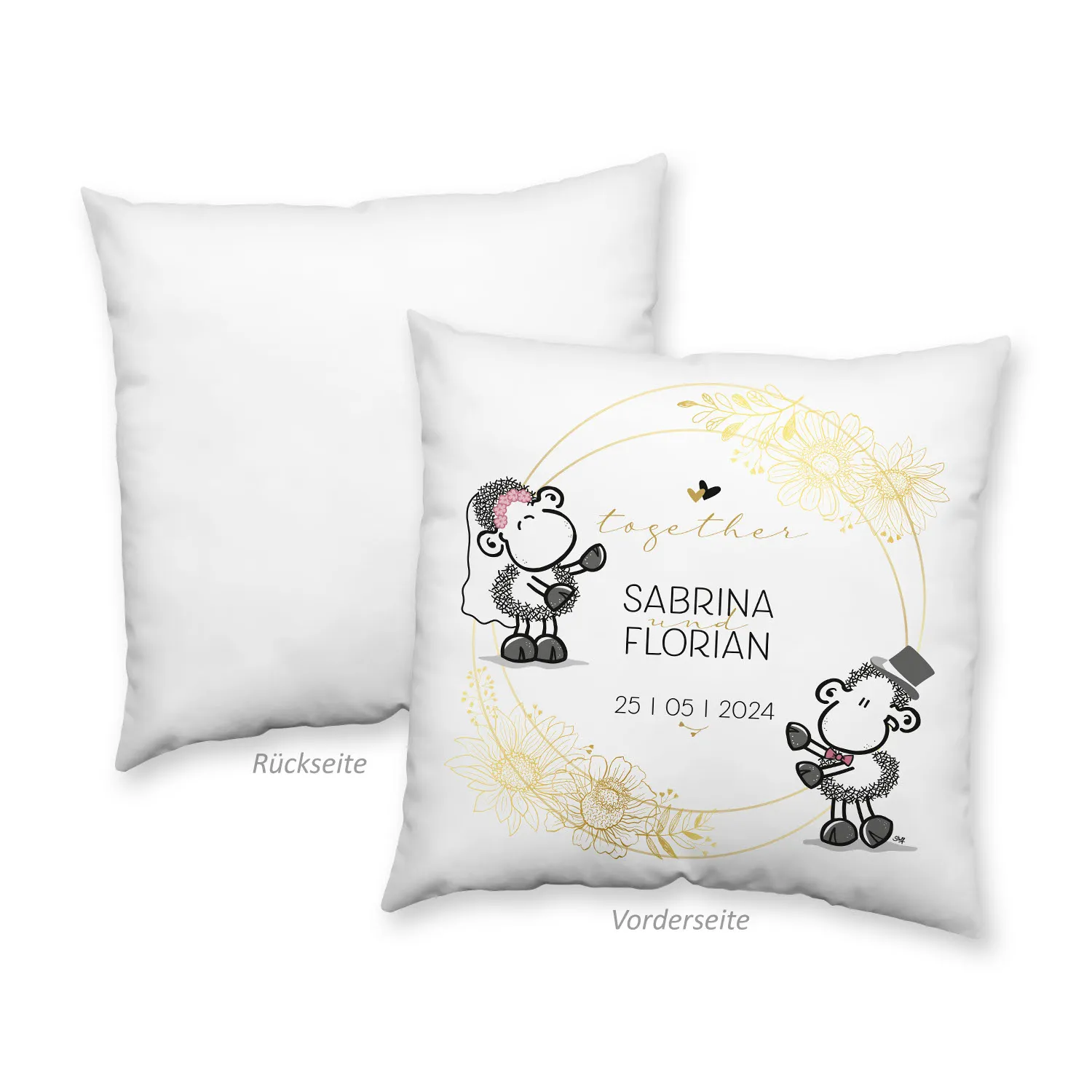 Weißes Hochzeitskissen mit Schäfchen-Motiv und goldenem Blumenkreis