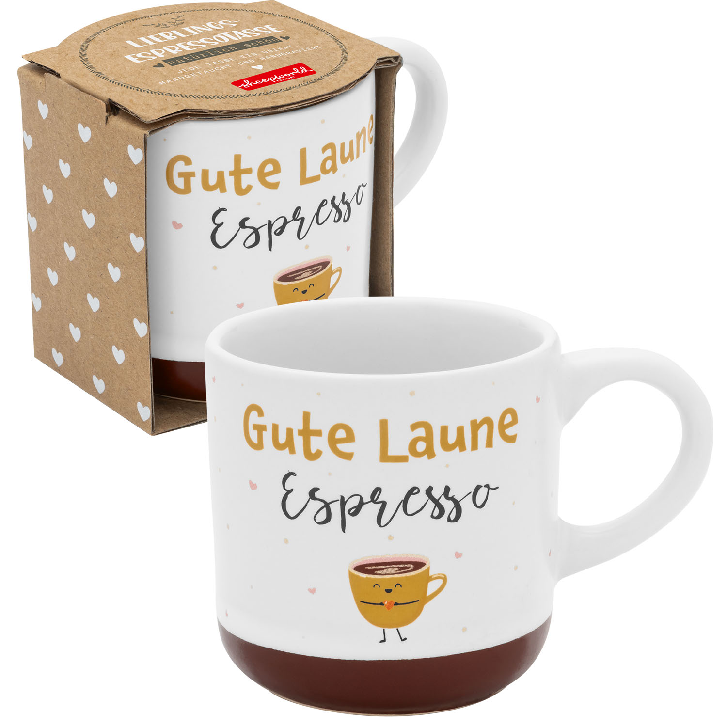 Weiße Espressotasse mit orange-goldenem Schriftzug 'Gute Laune Espresso' und lachendem Becher-Motiv