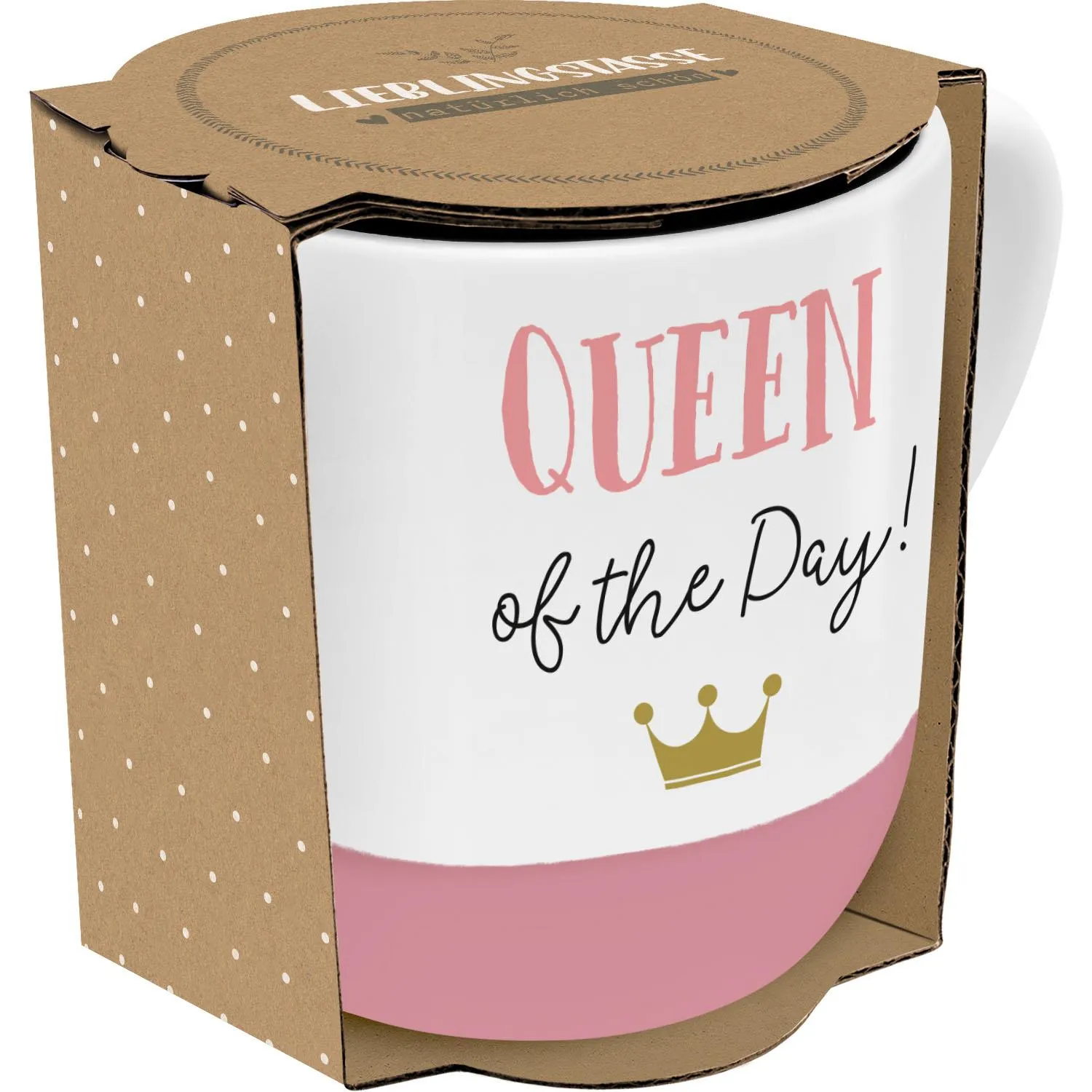 Weiße Steinzeug-Lieblingstasse mit pinkem Queen of the Day-Motiv und goldener Krone in matter Optik