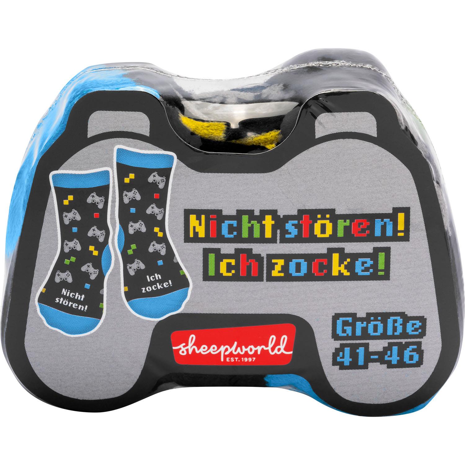 Große Controller-Socken in Grau mit buntem Pixel-Schriftzug 'Nicht stören! Ich zocke!'