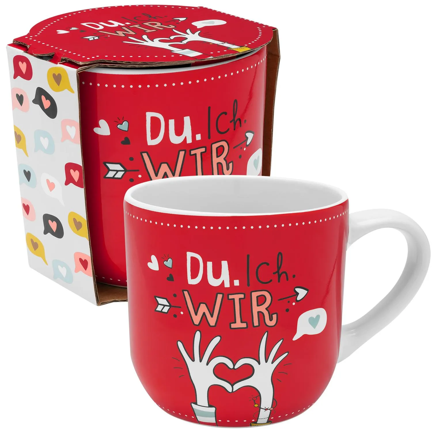Rote Keramiktasse mit Henkel und Motiv Du. Ich. Wir – Valentinstags-Geschenk