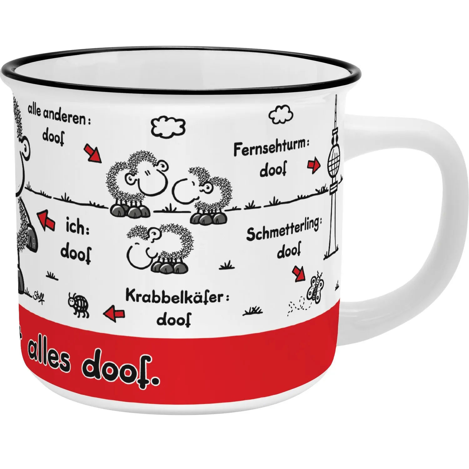 Weiße Porzellantasse mit schwarzen Schaf-Motiven und roter Bodenkante