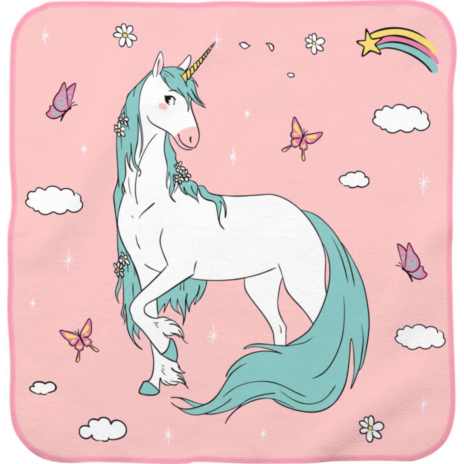 Rosa Zauberhandtuch mit Einhorn-Motiv, entfaltet sich im Wasser