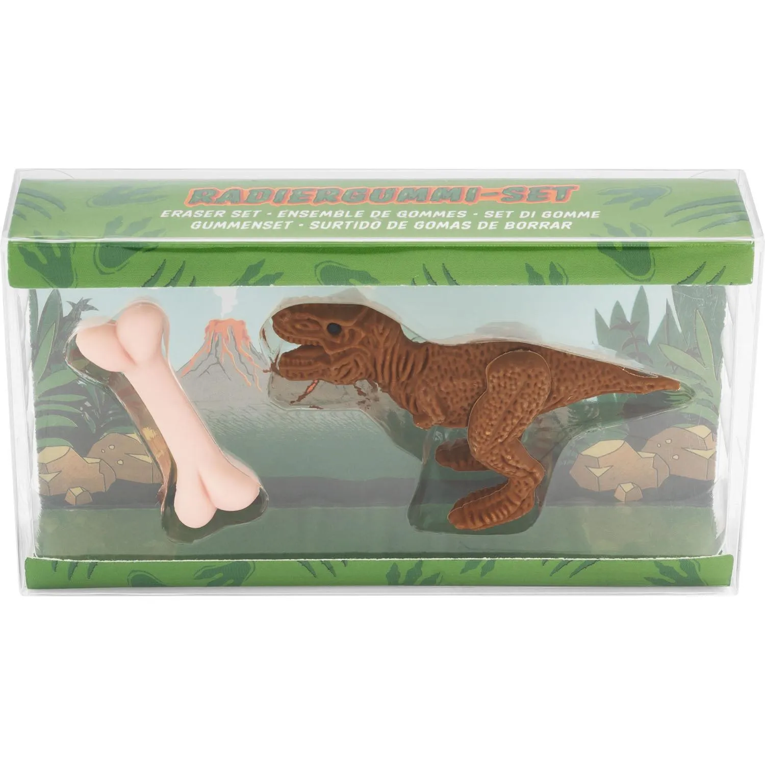 Radiererset Dino in Geschenkbox: Dinosaurier- und Knochen-Eraser aus Gummi, bunt.