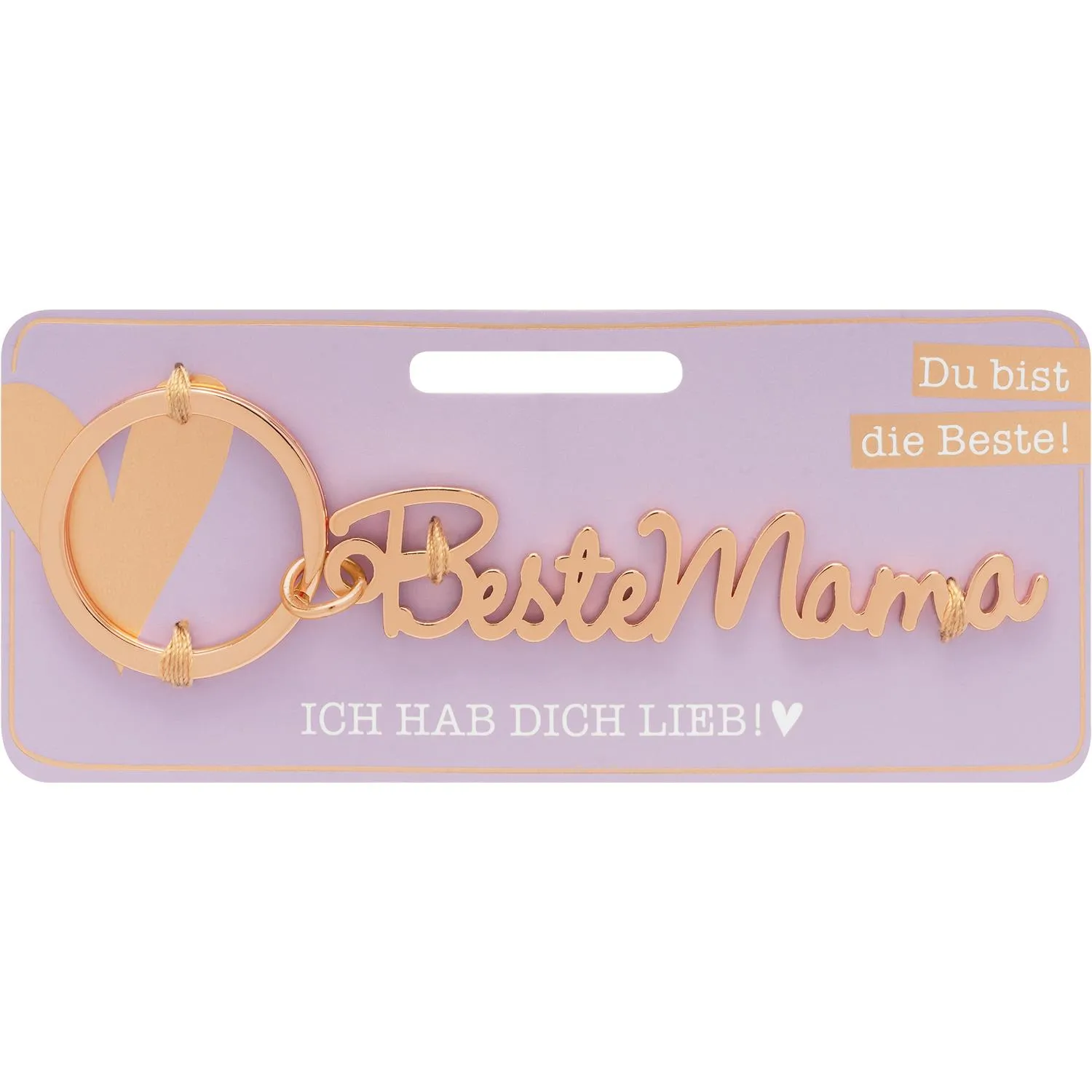 Roségoldfarbener Schlüsselanhänger 'Beste Mama' aus Edelstahl, auf lilafarbener Verpackung.