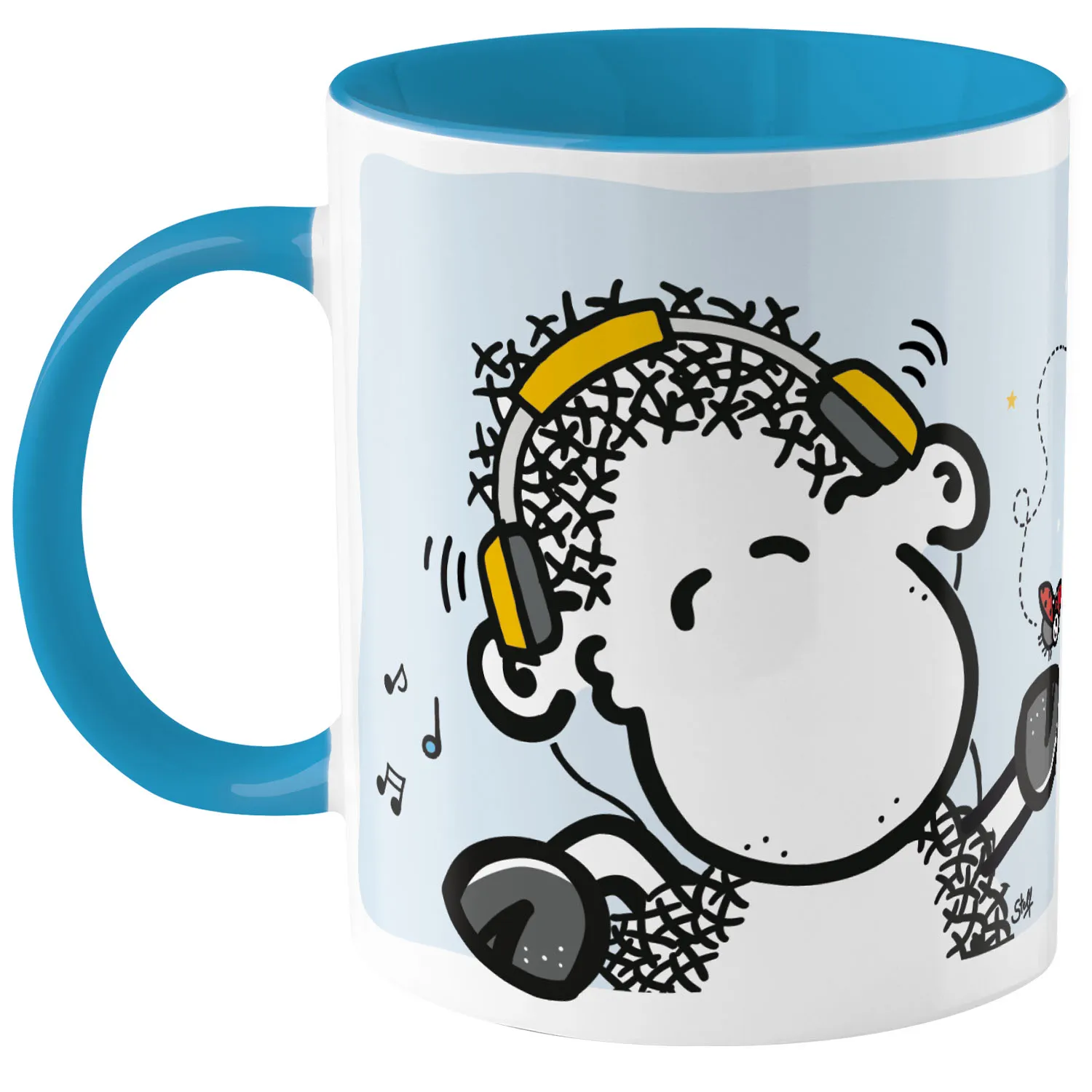 Weiße Keramiktasse mit hellem Blau und Schaf-Kopfhörer-Motiv