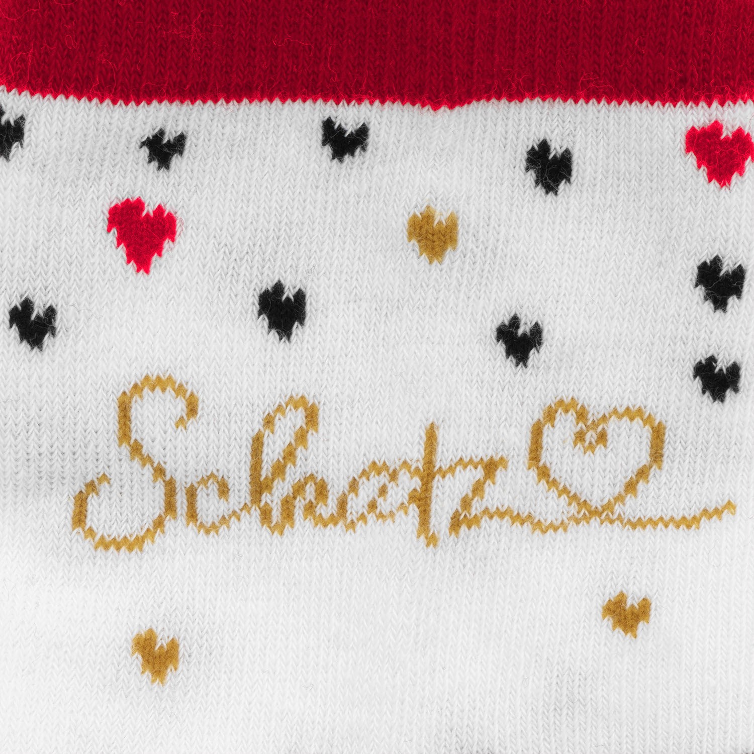 Weiße Zaubersocken mit Goldschrift Schatz und Herzmotiven, rotem Bündchen