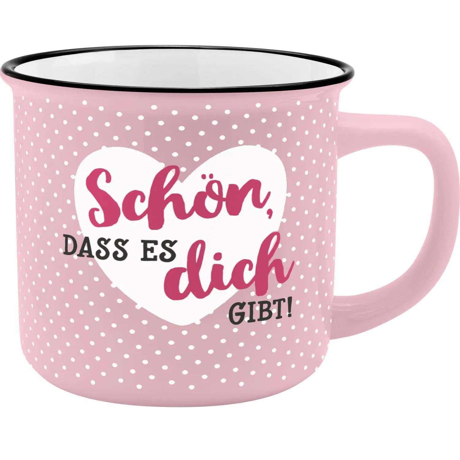 Pinkfarbener Becher mit Herzmotiv und Punkten, Spruch Schön, dass es dich gibt.
