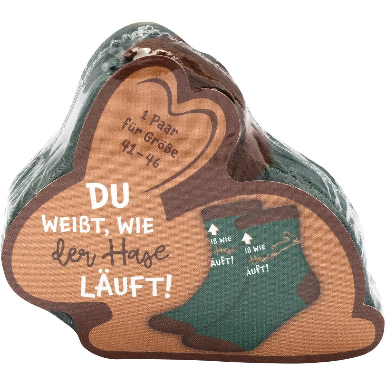 Grüne Zaubersocken mit Hasenmotiv und Spruch 'Du weißt, wie der Hase läuft'.